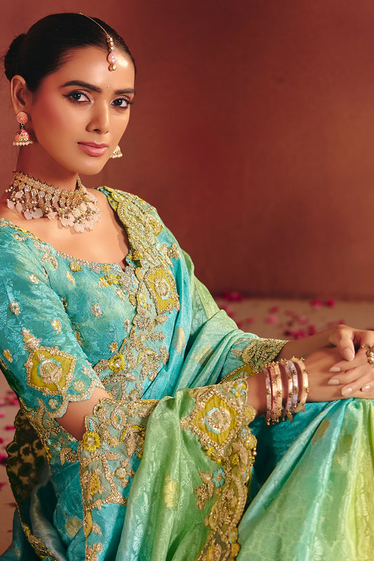 Blue And Green Embroidered Jacquard Dola Silk Saree-SAR12085_2_SareeButa.com
