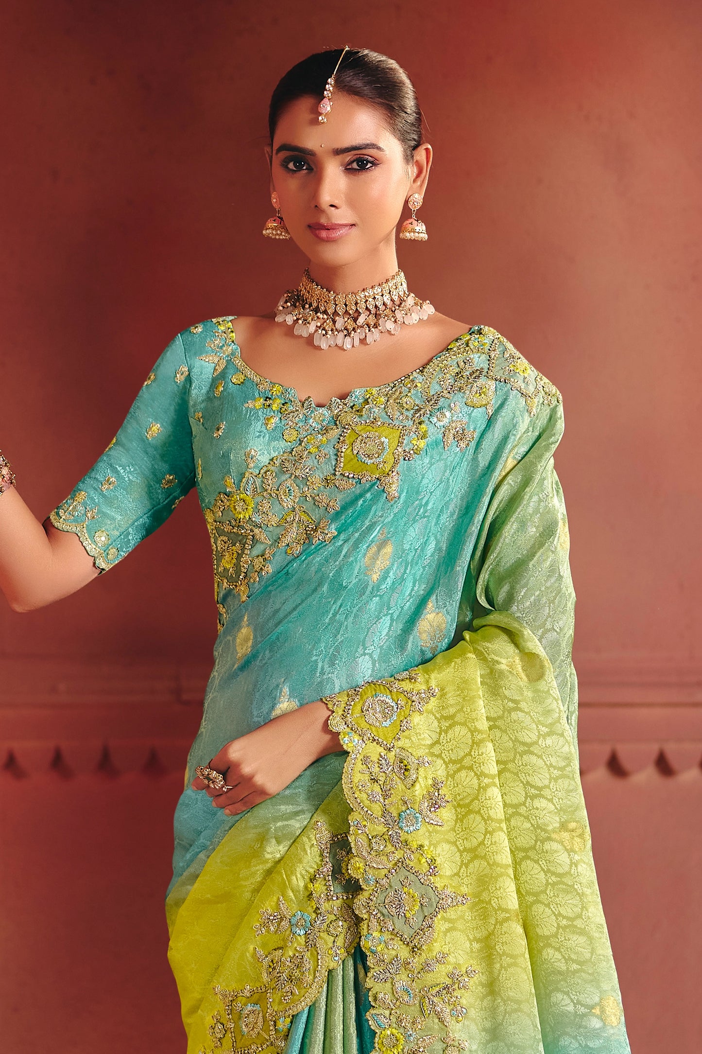 Blue And Green Embroidered Jacquard Dola Silk Saree-SAR12085_3_SareeButa.com