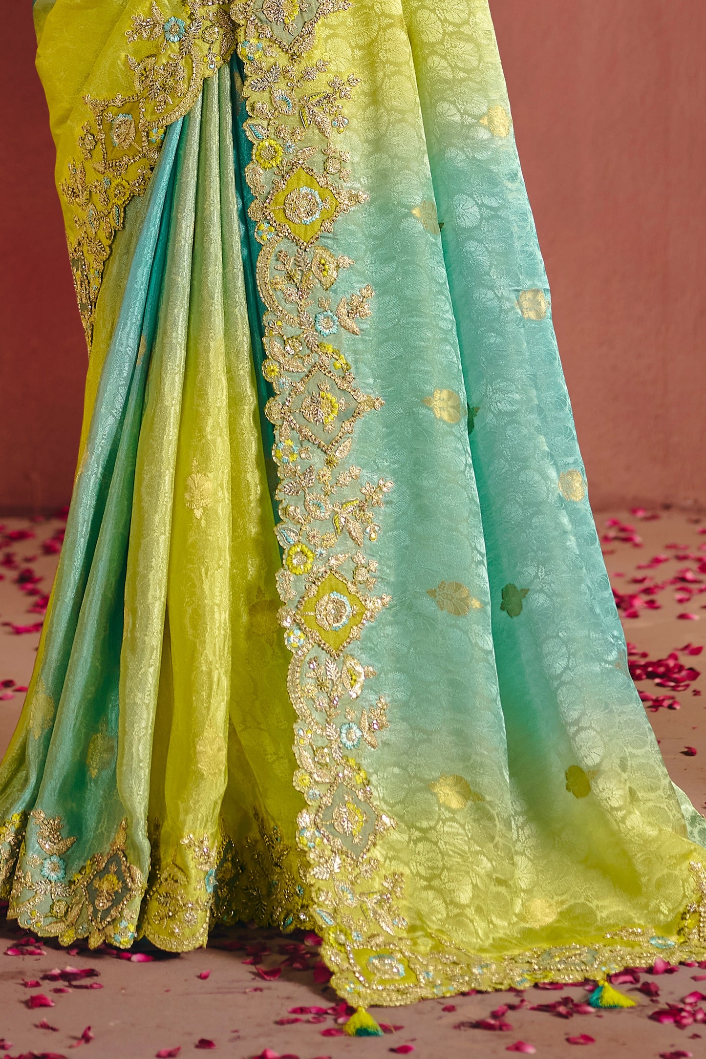 Blue And Green Embroidered Jacquard Dola Silk Saree-SAR12085_4_SareeButa.com
