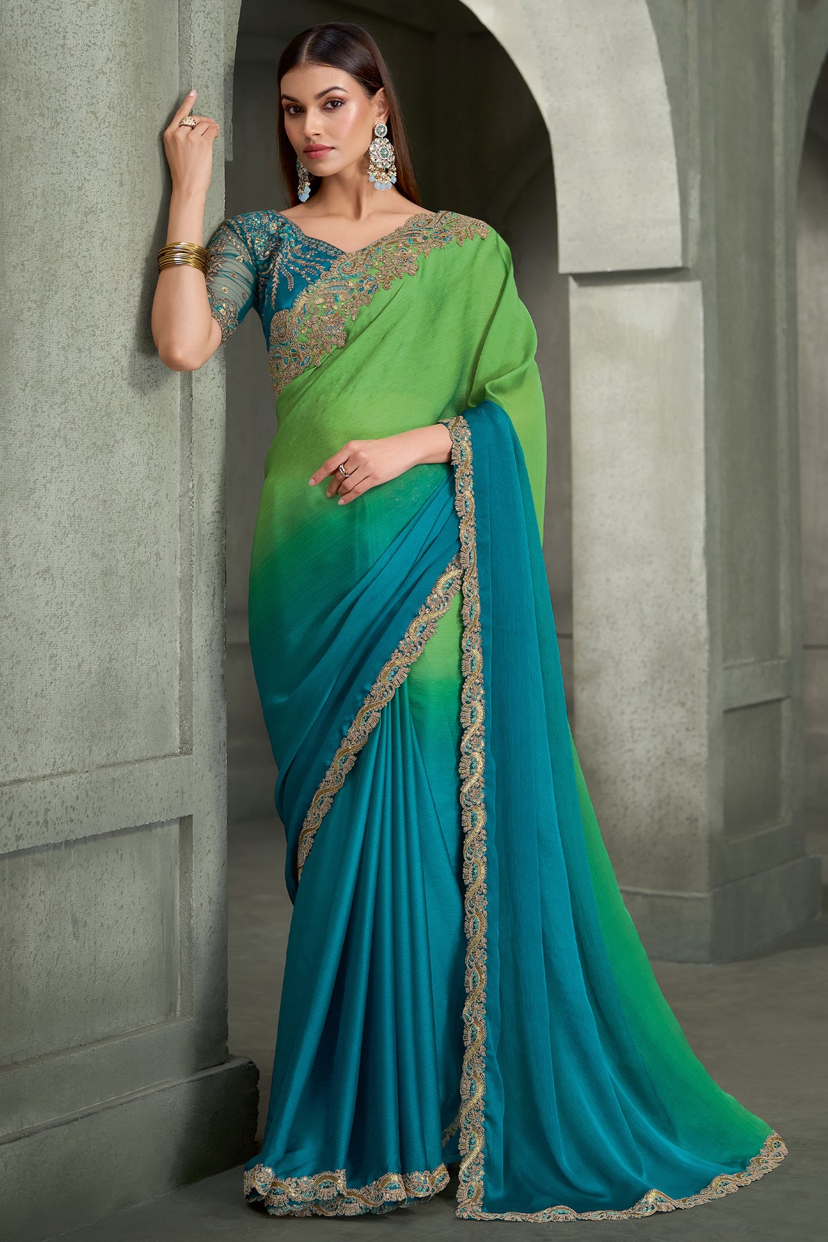 Blue And Green Embroidered Satin Chiffon Saree-SAR13284_1_SareeButa.com