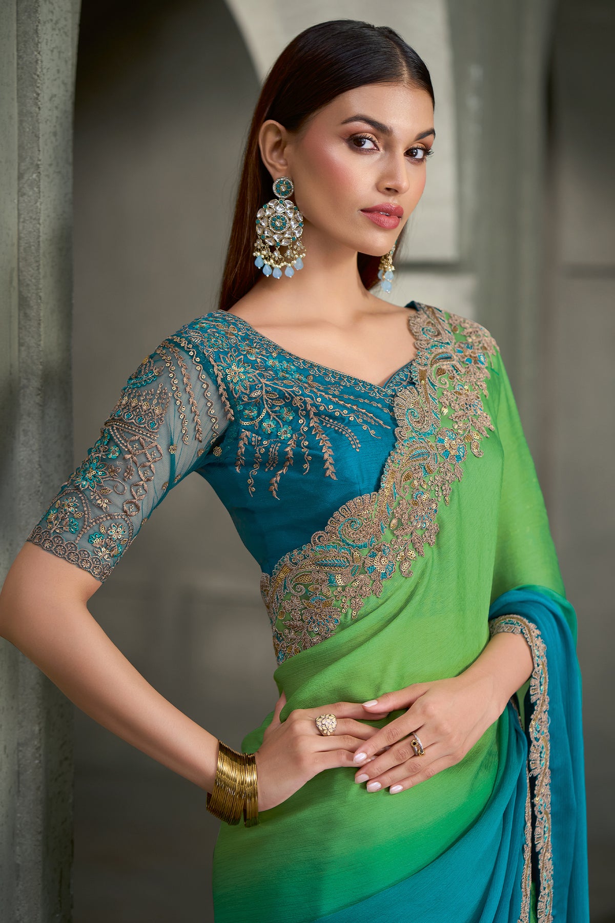 Blue And Green Embroidered Satin Chiffon Saree-SAR13284_2_SareeButa.com