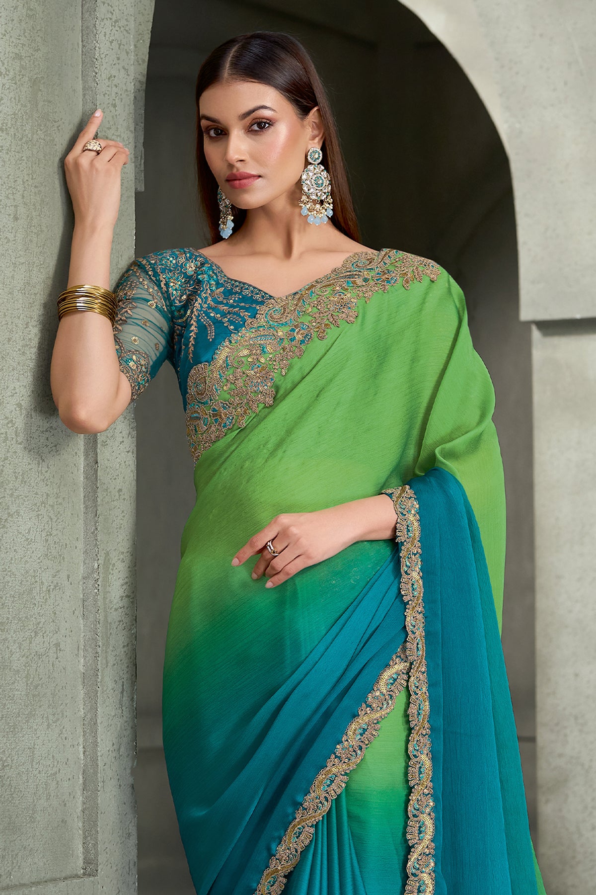 Blue And Green Embroidered Satin Chiffon Saree-SAR13284_3_SareeButa.com