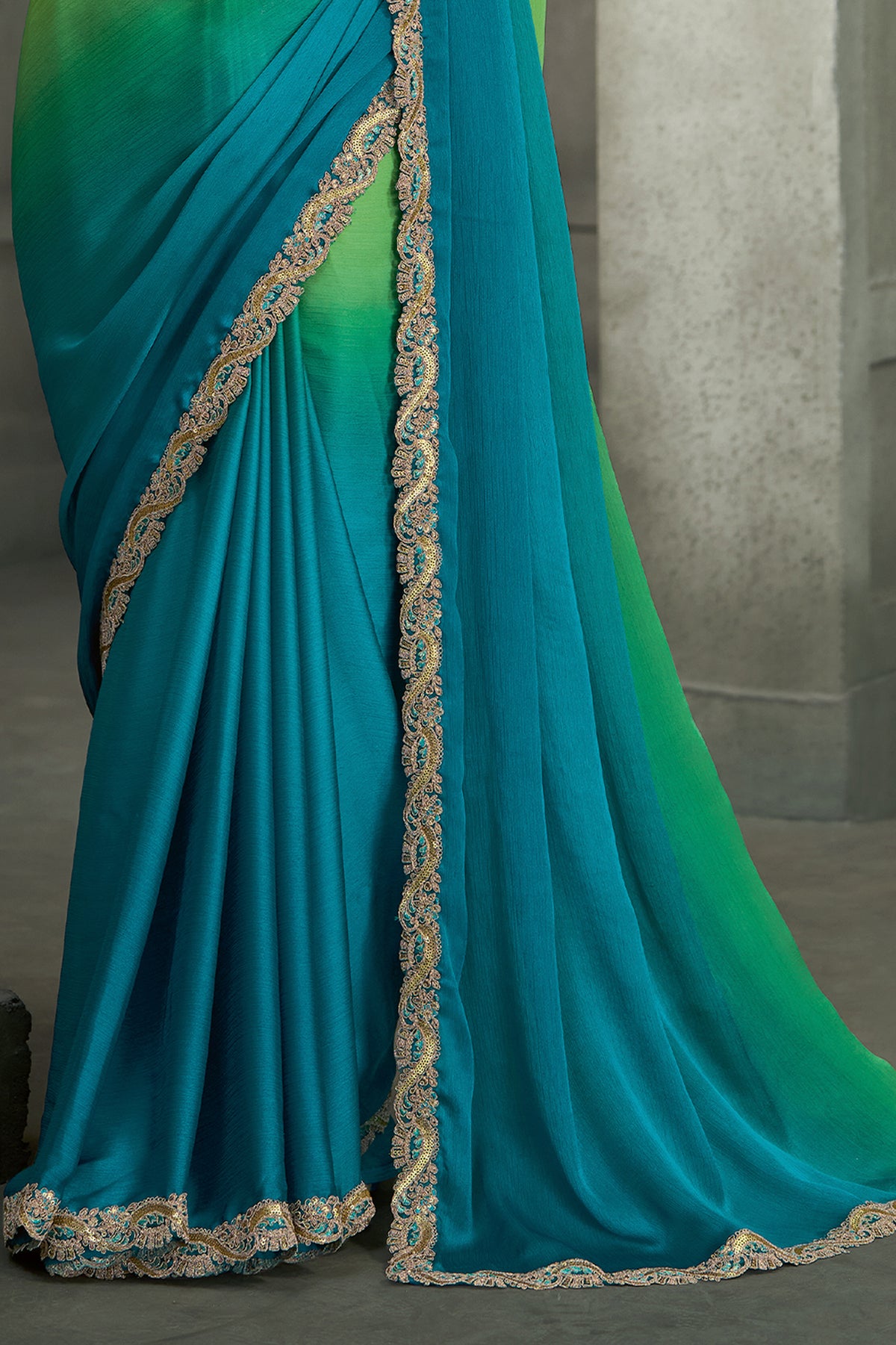 Blue And Green Embroidered Satin Chiffon Saree-SAR13284_4_SareeButa.com