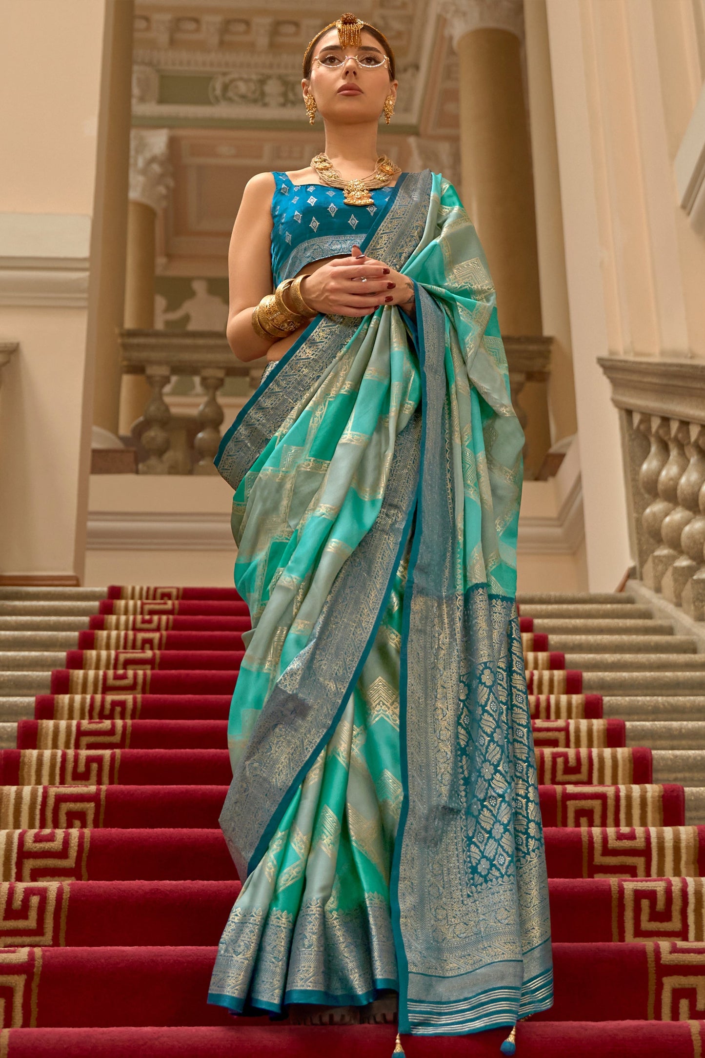 Blue And Grey Printed Satin Silk Saree-SAR10187_1_SareeButa.com