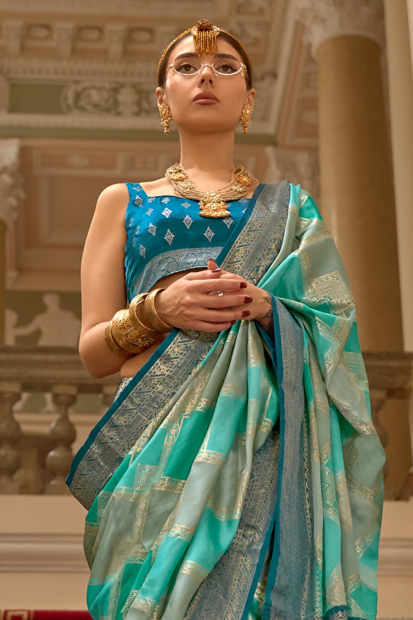 Blue And Grey Printed Satin Silk Saree-SAR10187_3_SareeButa.com