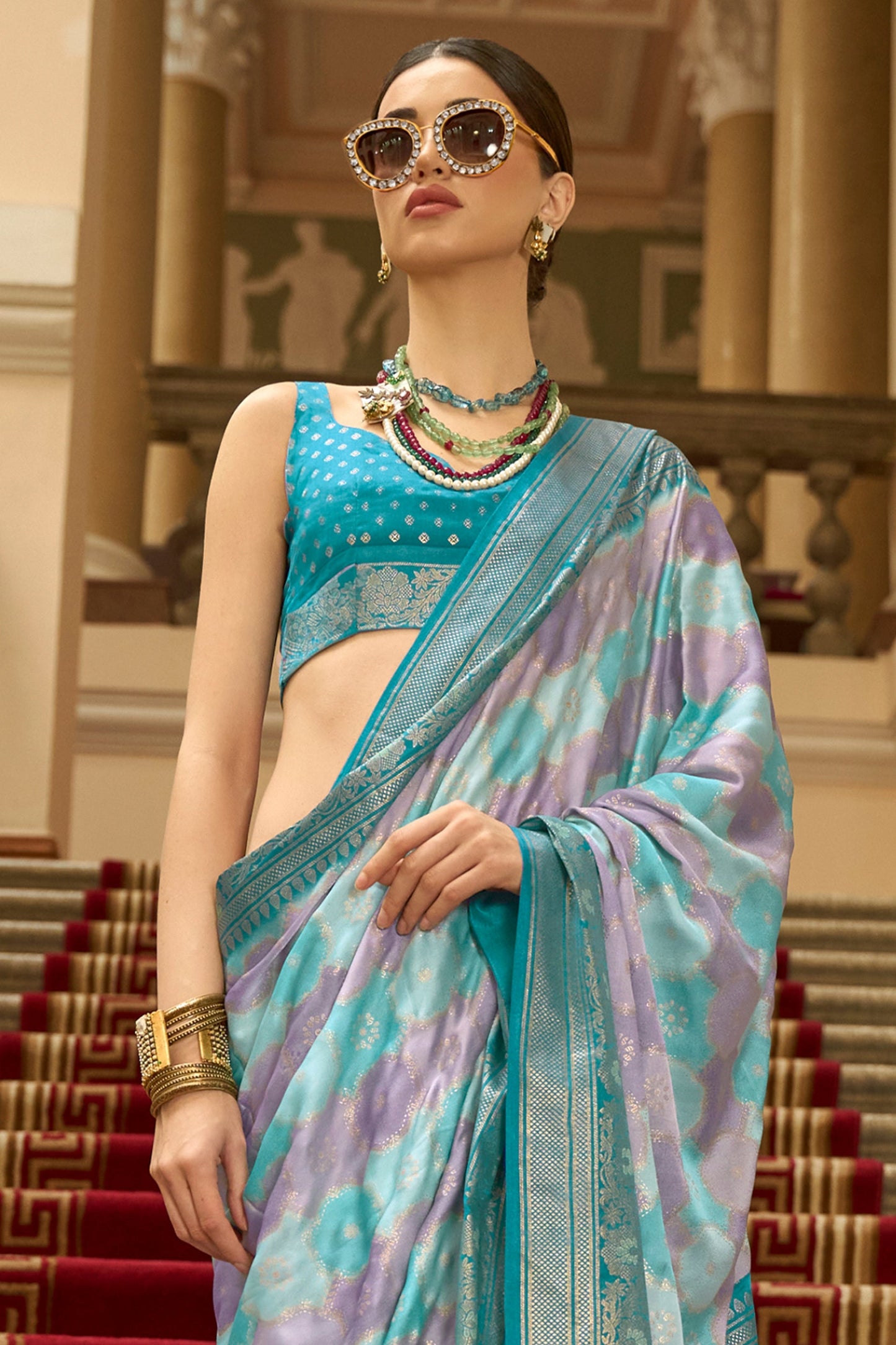 Blue And Lavender Printed Satin Silk Saree-SAR10182_3_SareeButa.com