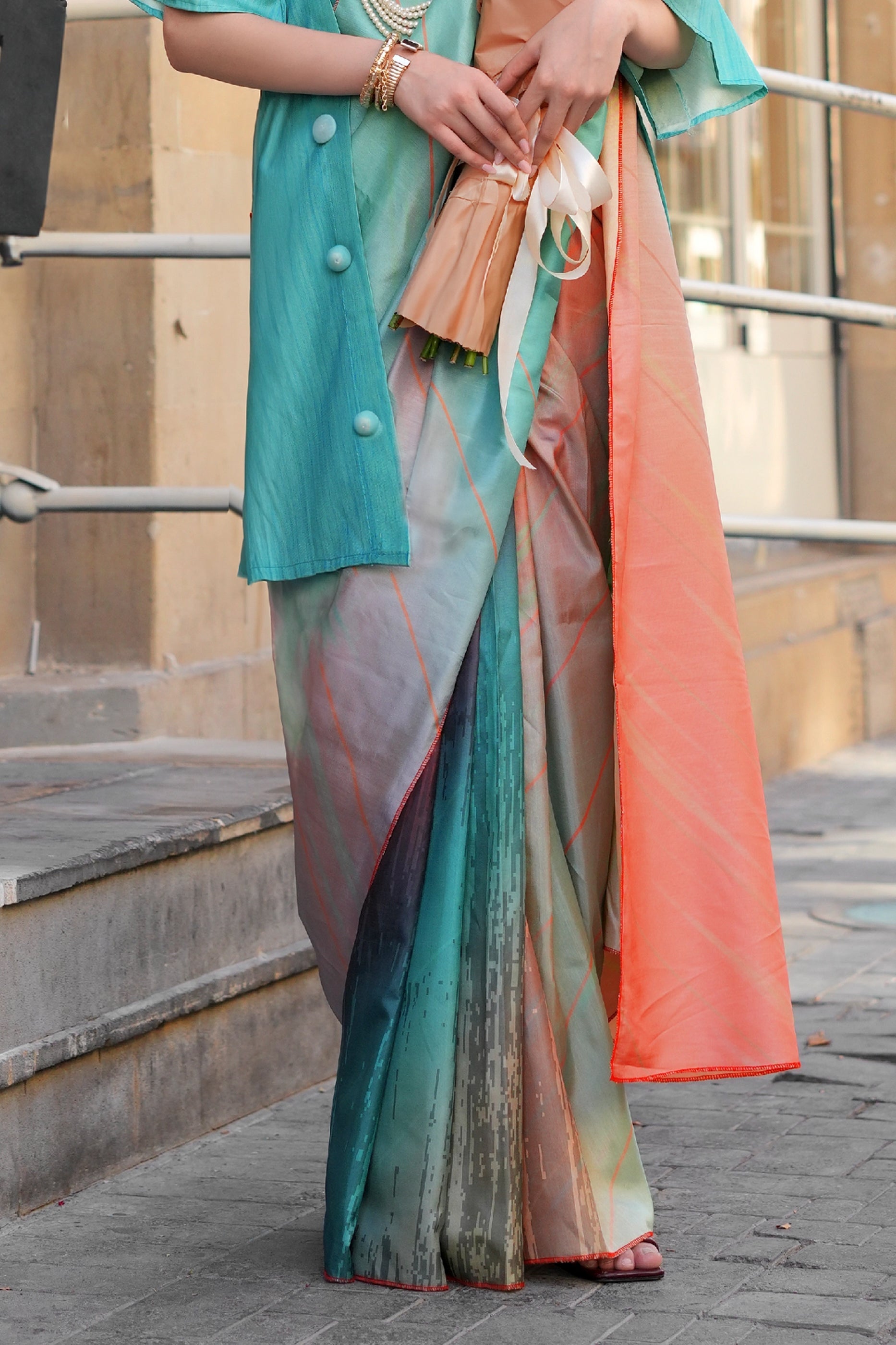 Blue And Orange Printed Silk Saree-SAR11359_4_SareeButa.com