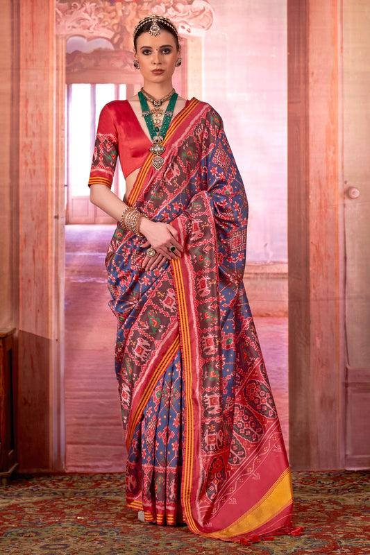 Blue And Red Printed Patola Silk Saree-SAR11355_1_SareeButa.com