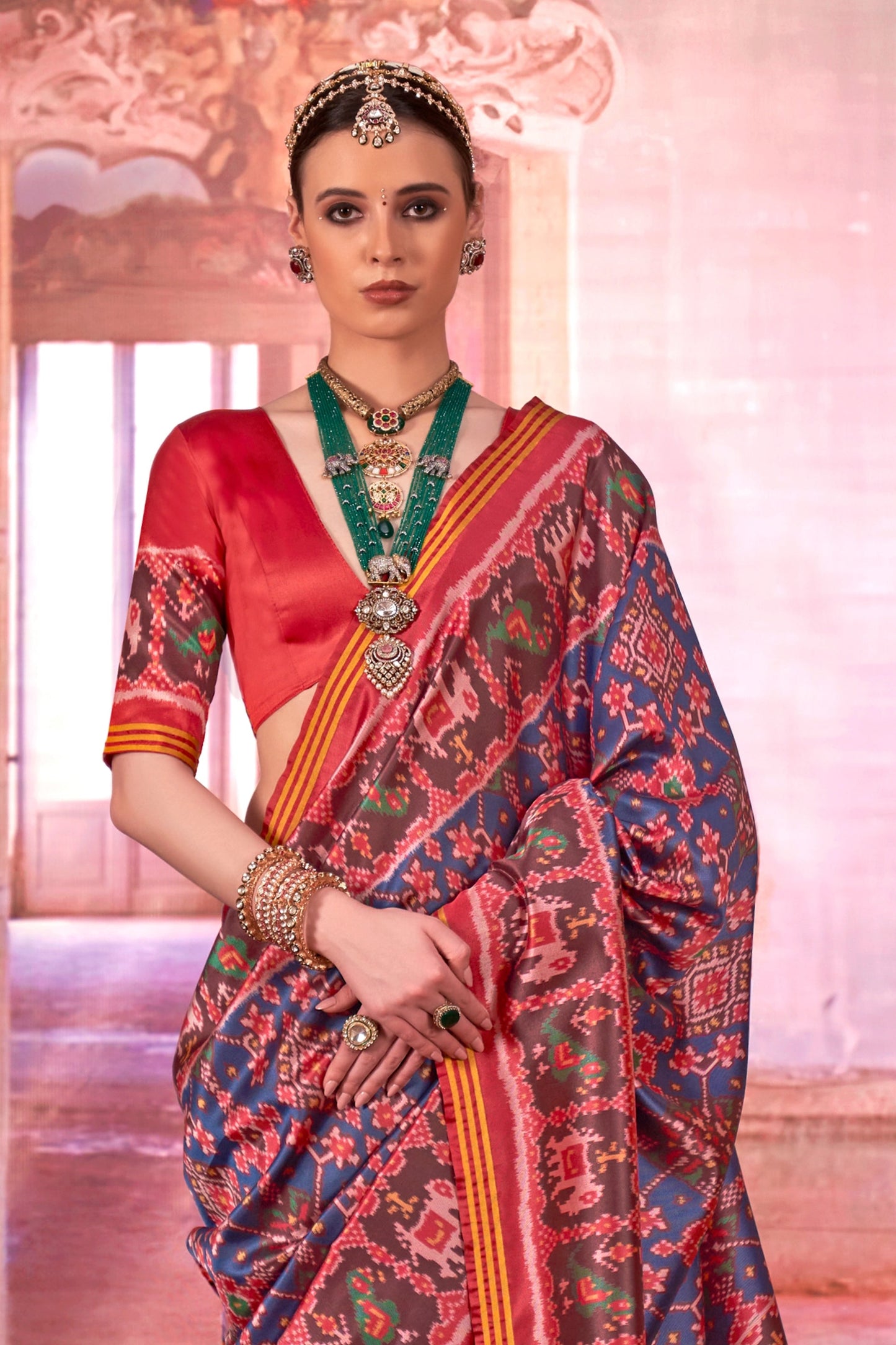 Blue And Red Printed Patola Silk Saree-SAR11355_3_SareeButa.com