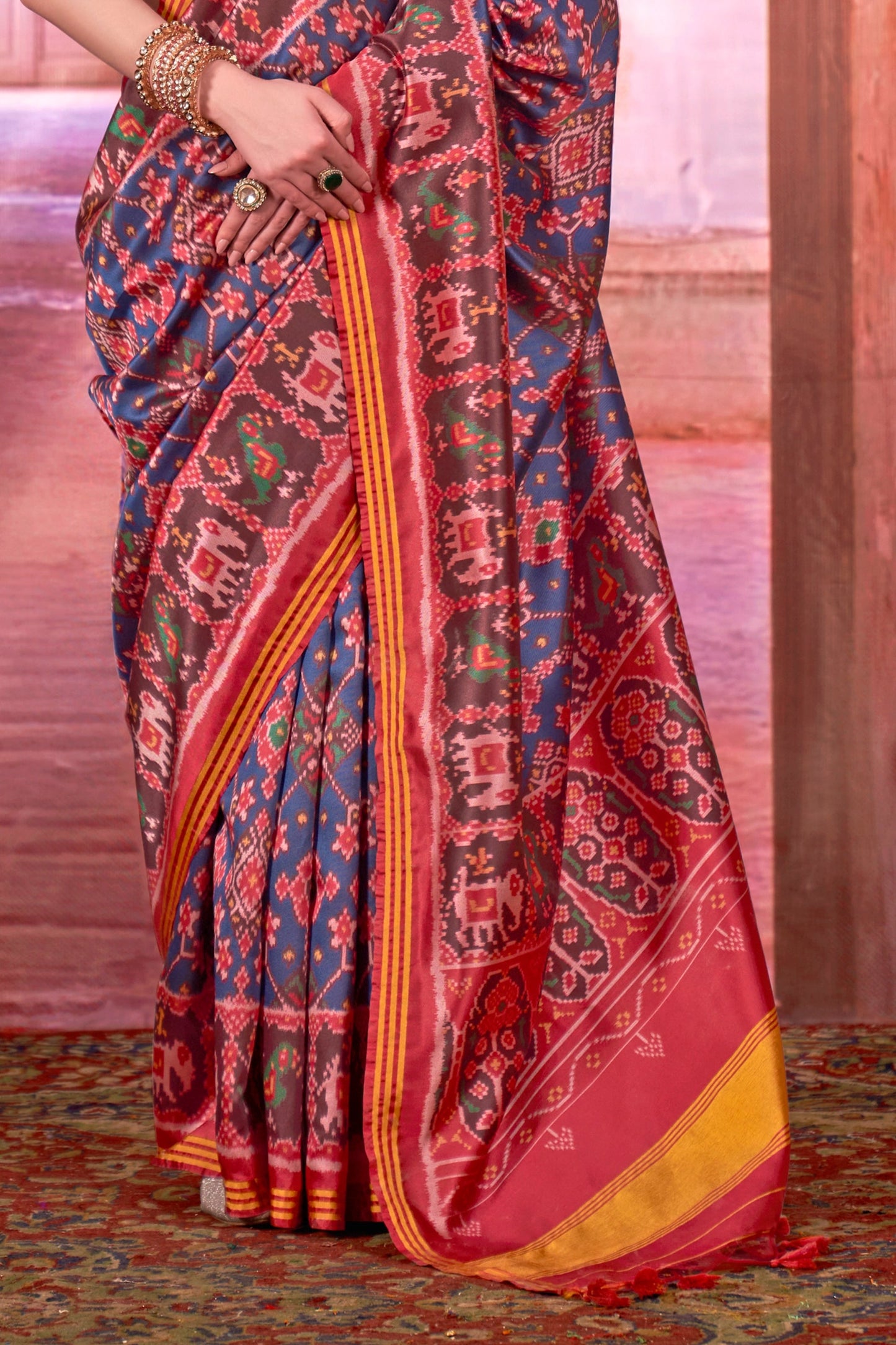 Blue And Red Printed Patola Silk Saree-SAR11355_4_SareeButa.com