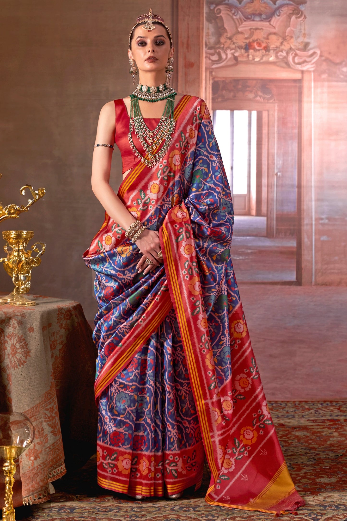 Blue And Red Printed Patola Silk Saree-SAR11367_1_SareeButa.com