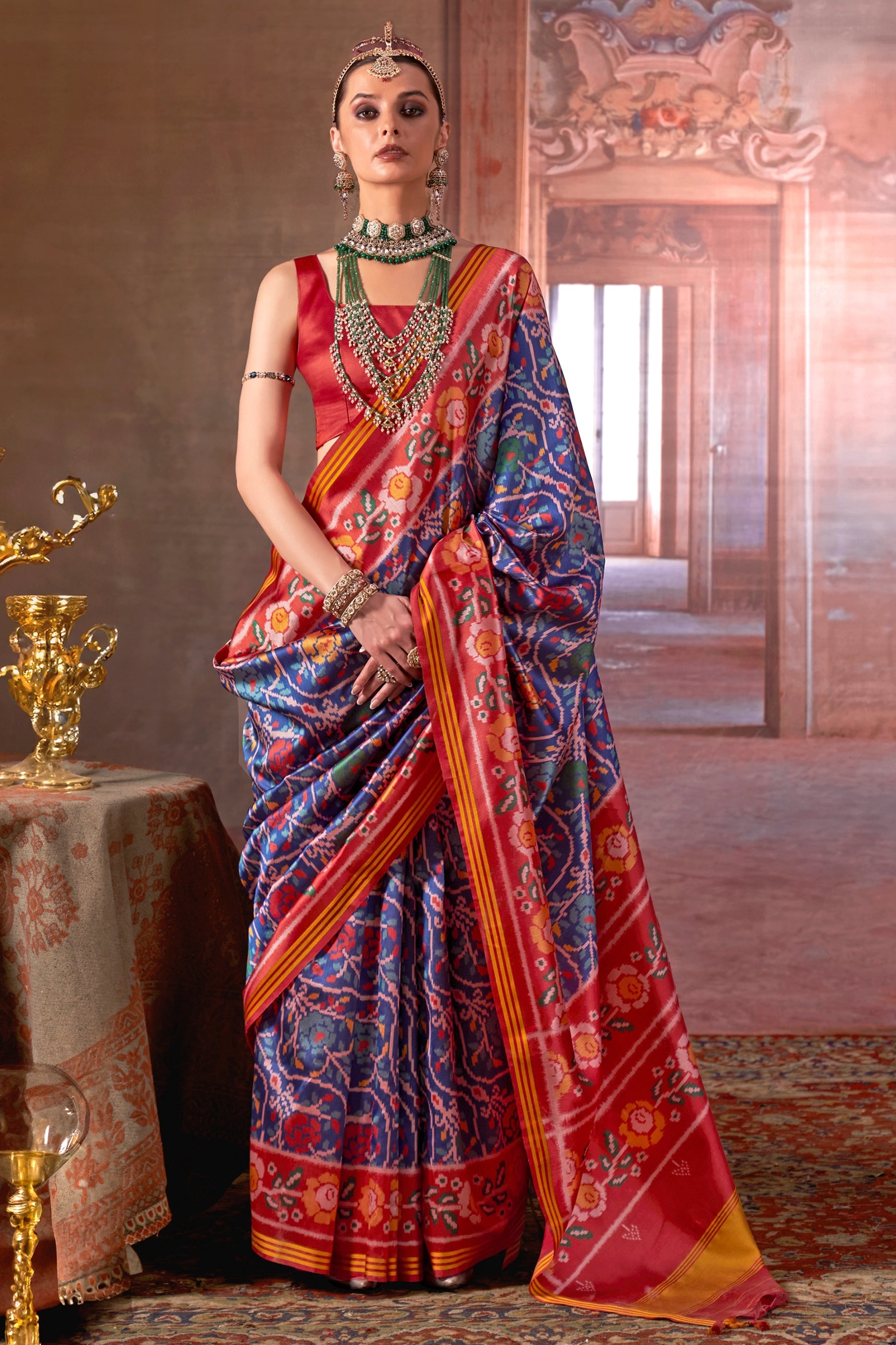 Blue And Red Printed Patola Silk Saree-SAR11367_1_SareeButa.com