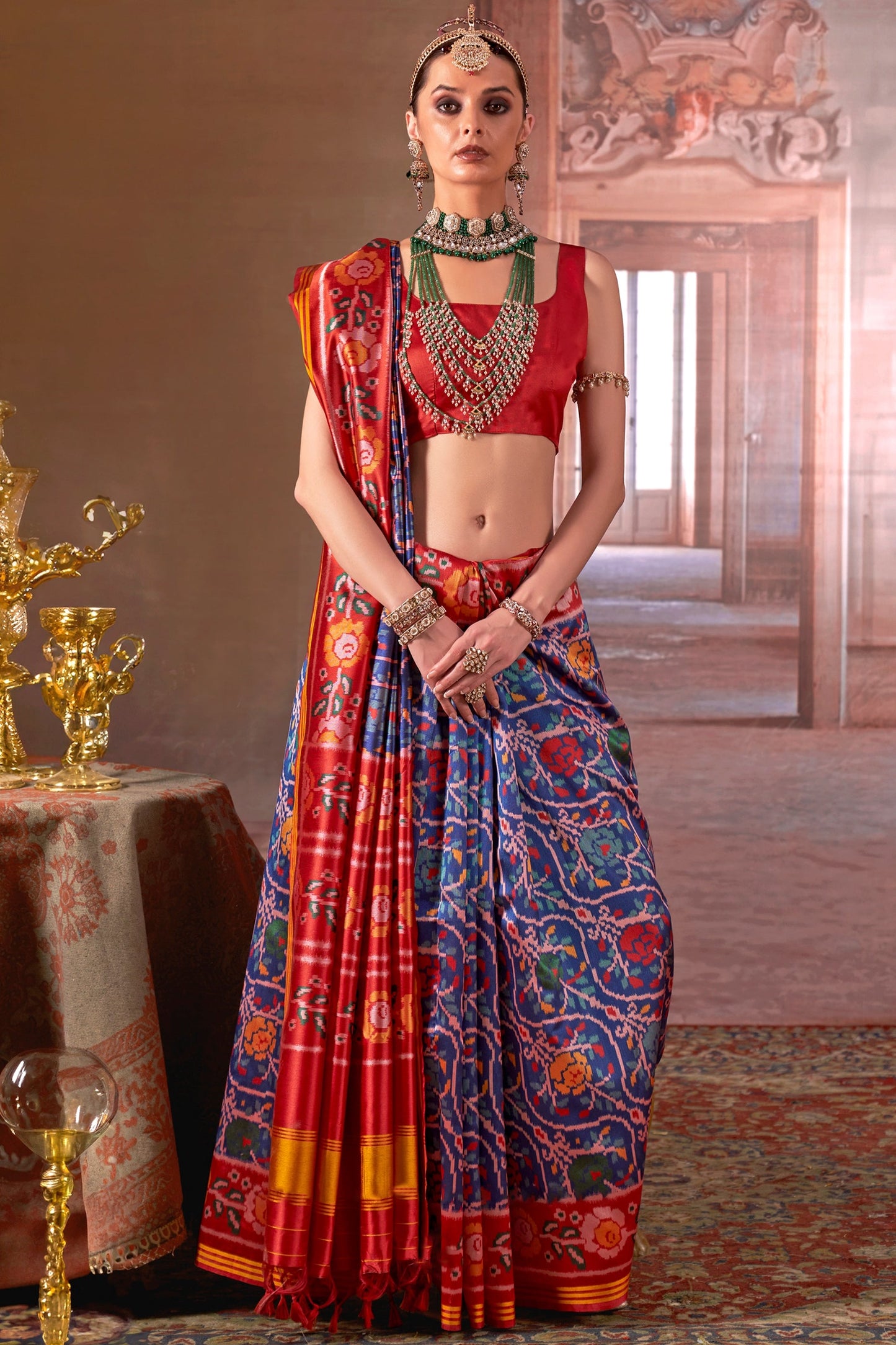 Blue And Red Printed Patola Silk Saree-SAR11367_2_SareeButa.com