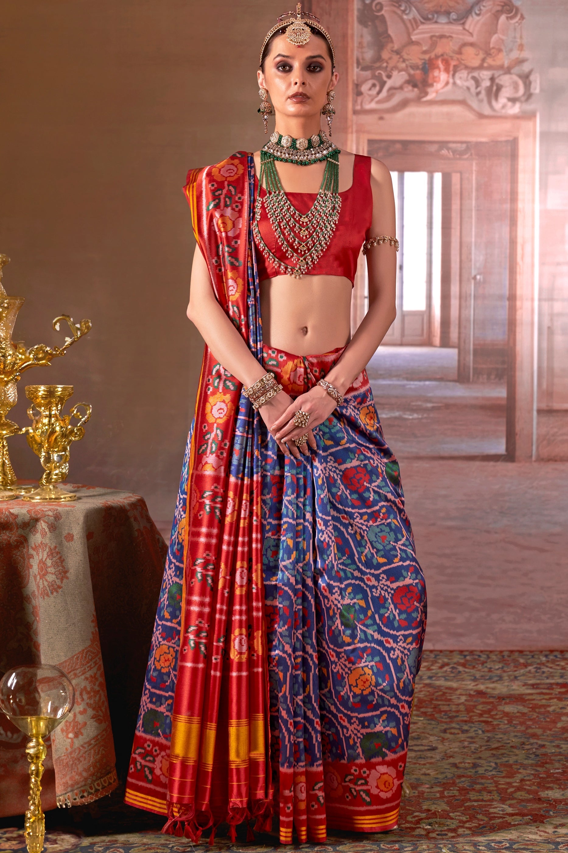 Blue And Red Printed Patola Silk Saree-SAR11367_2_SareeButa.com