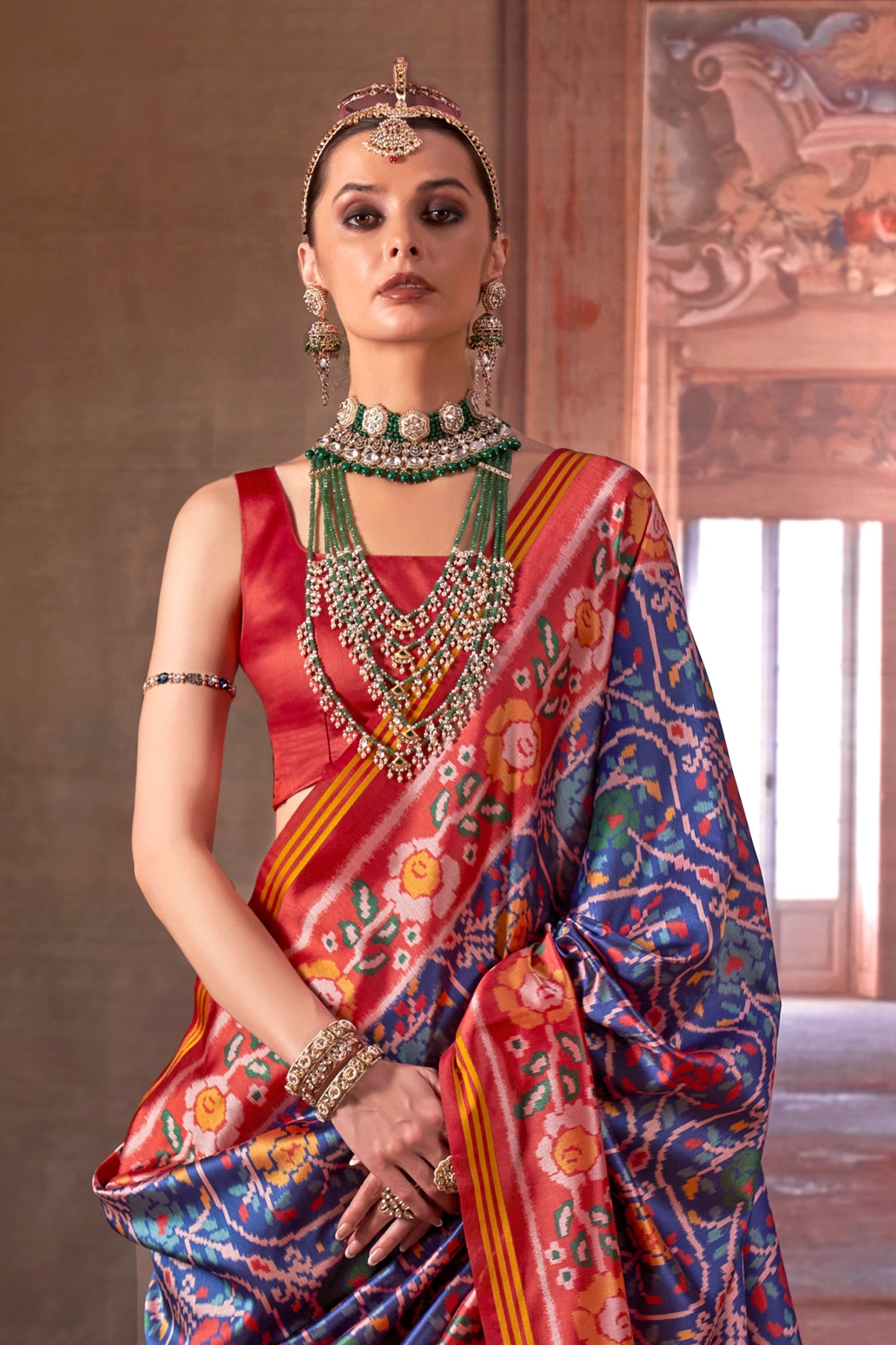 Blue And Red Printed Patola Silk Saree-SAR11367_3_SareeButa.com