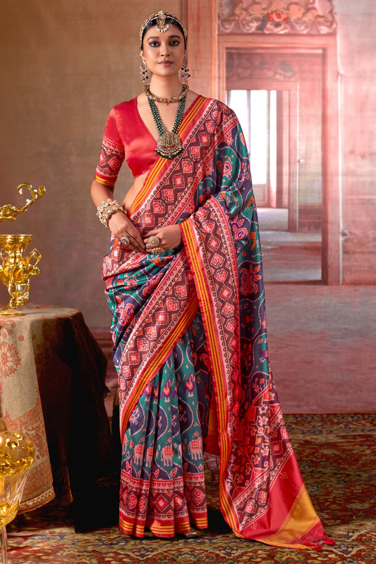 Blue And Red Printed Patola Silk Saree-SAR11370_1_SareeButa.com