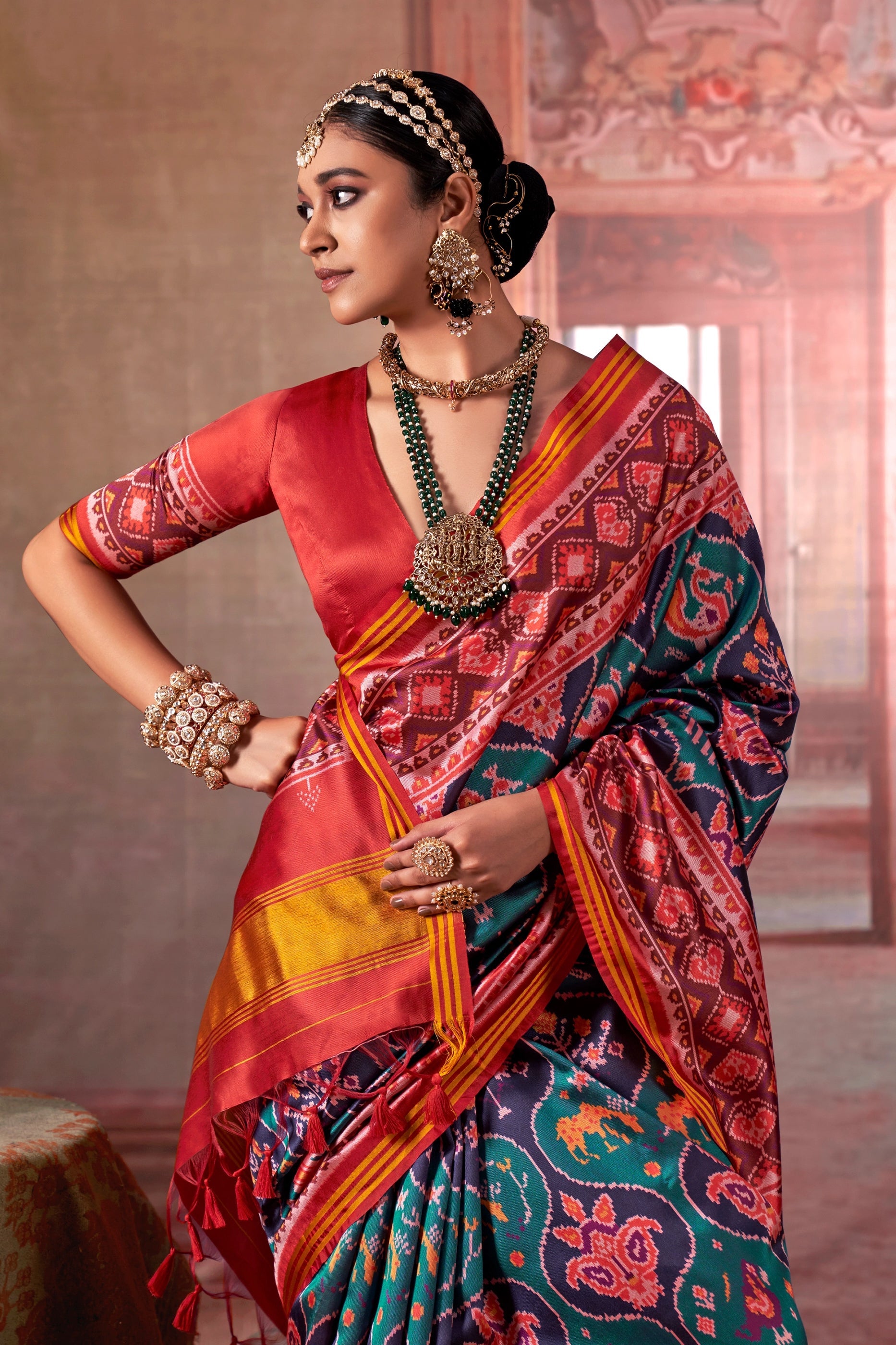 Blue And Red Printed Patola Silk Saree-SAR11370_2_SareeButa.com