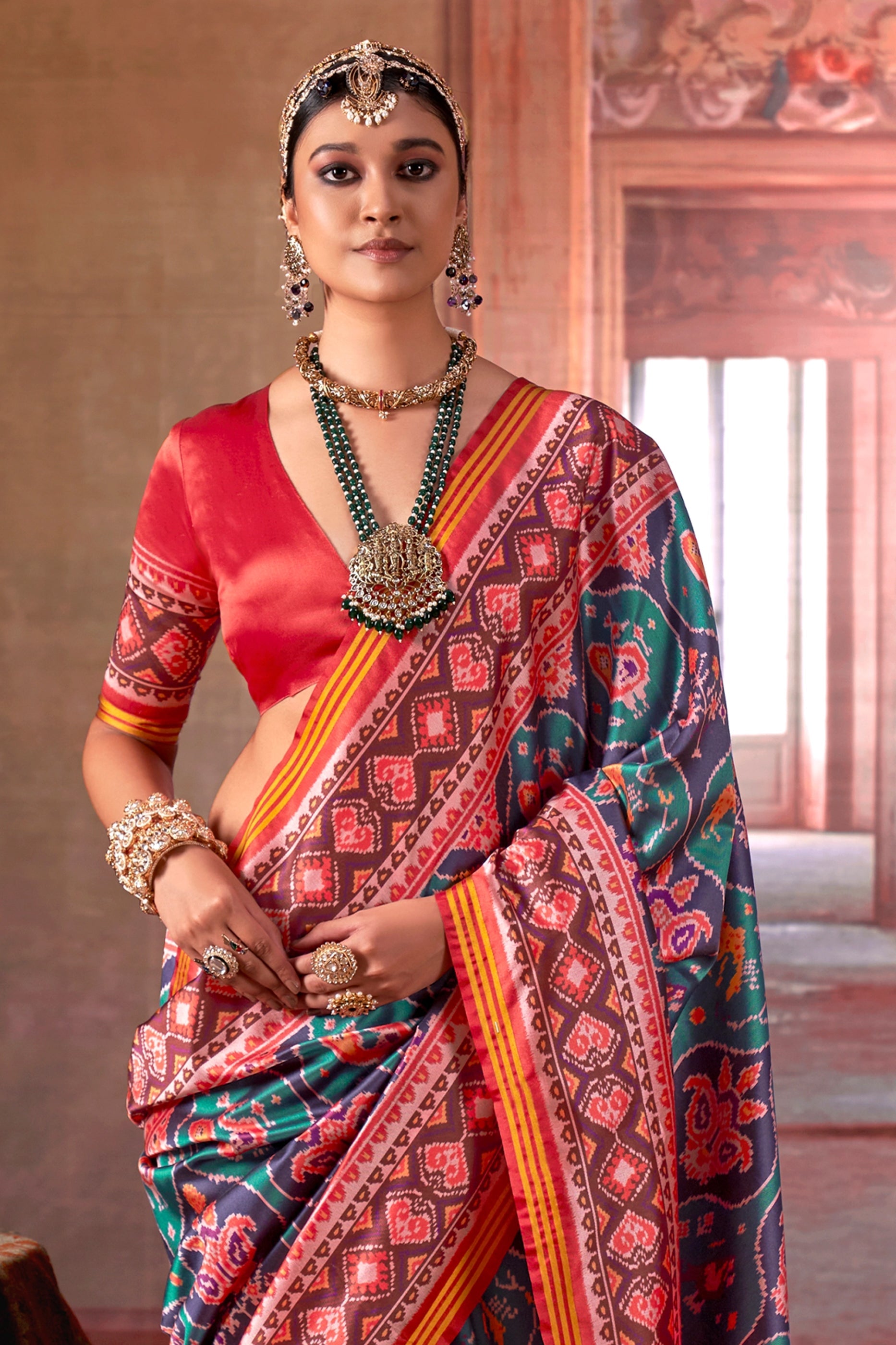 Blue And Red Printed Patola Silk Saree-SAR11370_3_SareeButa.com