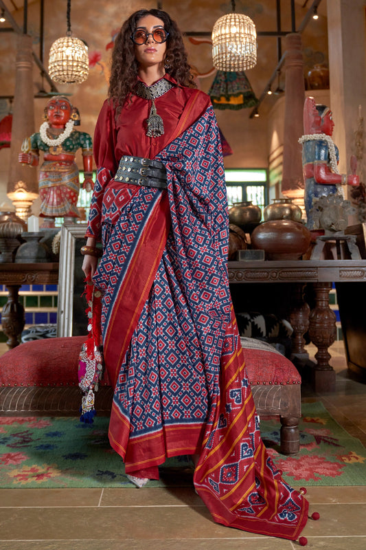 Blue And Red Printed Silk Saree-SAR11332_1_SareeButa.com