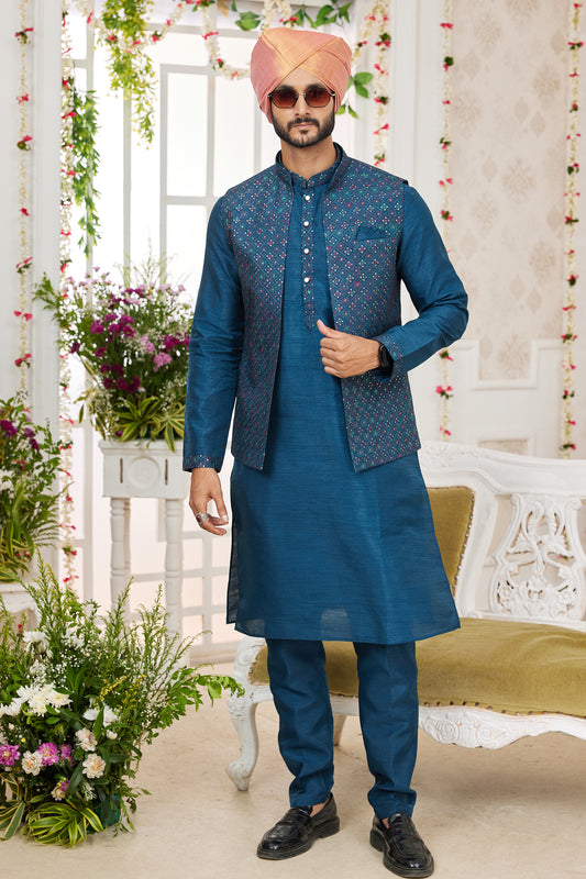 Blue Banarasi Silk Kurta Pajama With Jacket-SAR11409_1_SareeButa.com