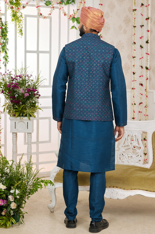 Blue Banarasi Silk Kurta Pajama With Jacket-SAR11409_2_SareeButa.com