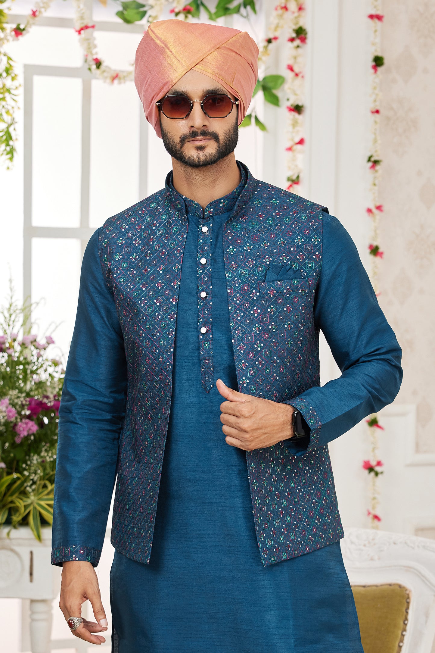 Blue Banarasi Silk Kurta Pajama With Jacket-SAR11409_3_SareeButa.com
