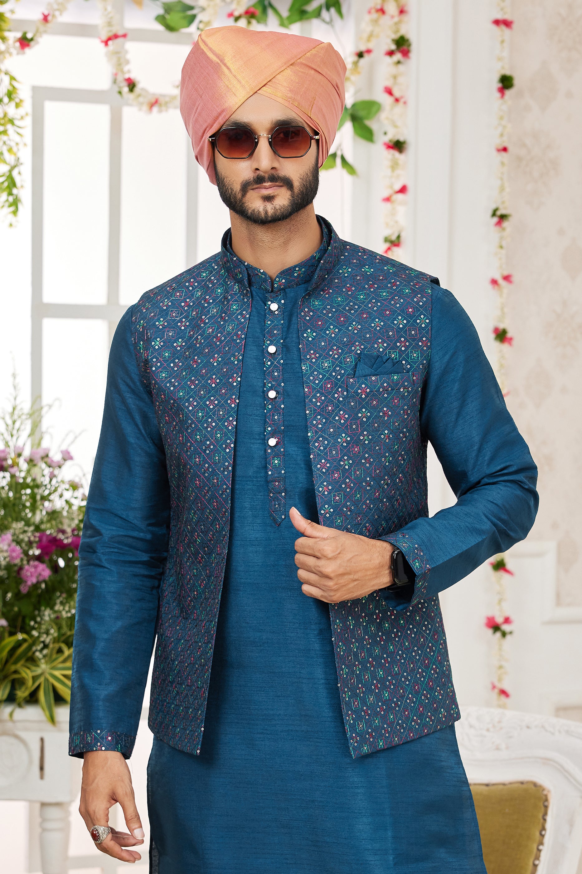 Blue Banarasi Silk Kurta Pajama With Jacket-SAR11409_3_SareeButa.com