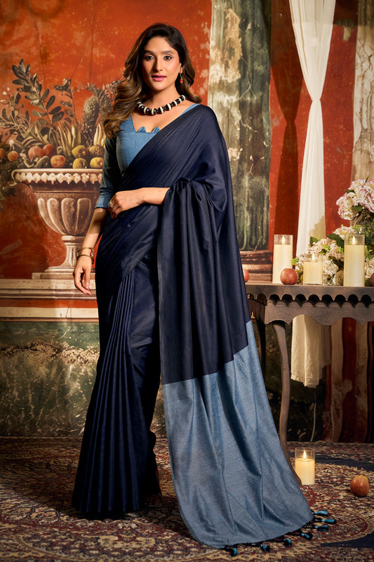 Blue Cotton Saree with Color Block Pallu-SAR12716_1_SareeButa.com