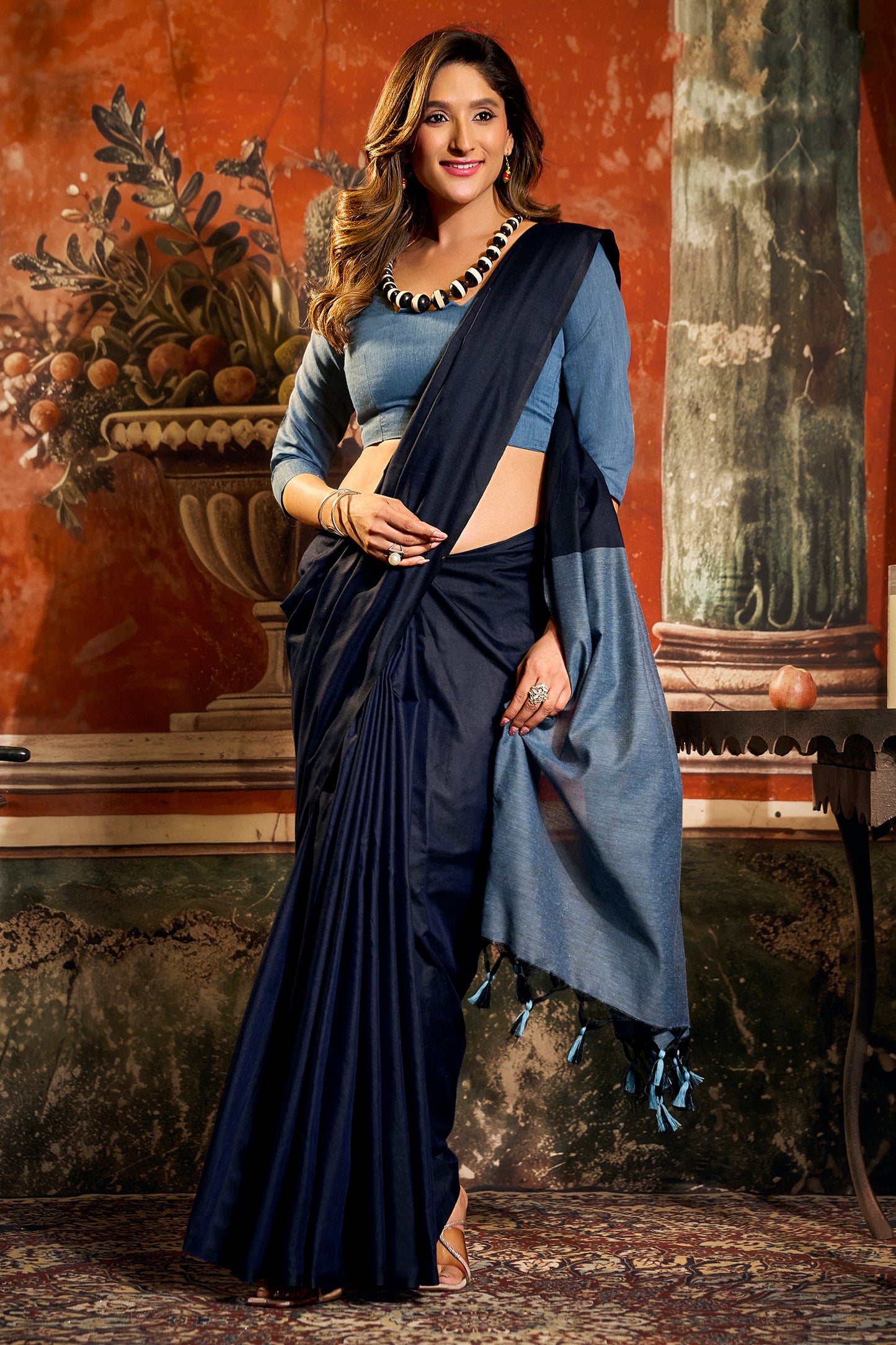 Blue Cotton Saree with Color Block Pallu-SAR12716_3_SareeButa.com