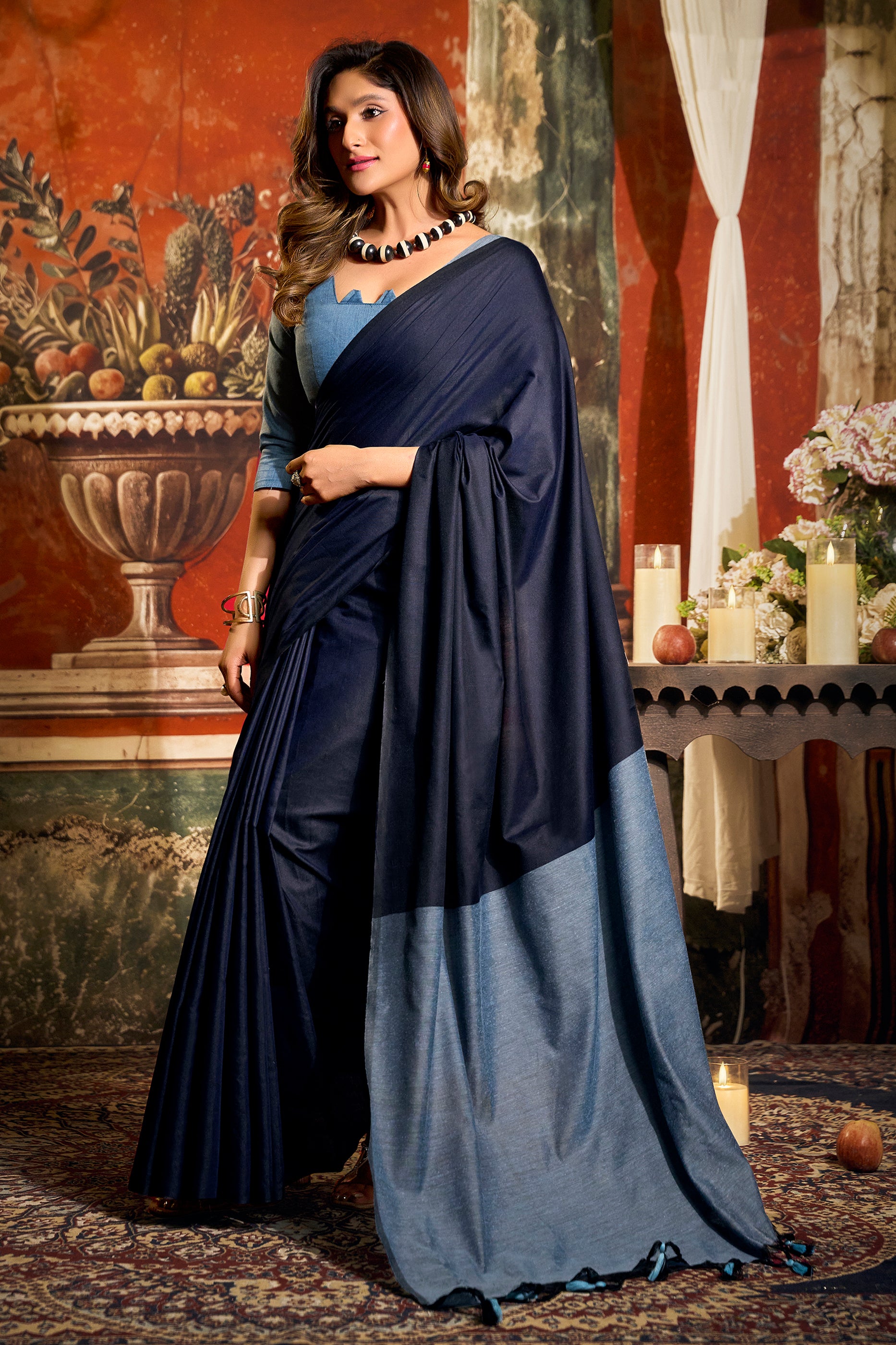 Blue Cotton Saree with Color Block Pallu-SAR12716_4_SareeButa.com