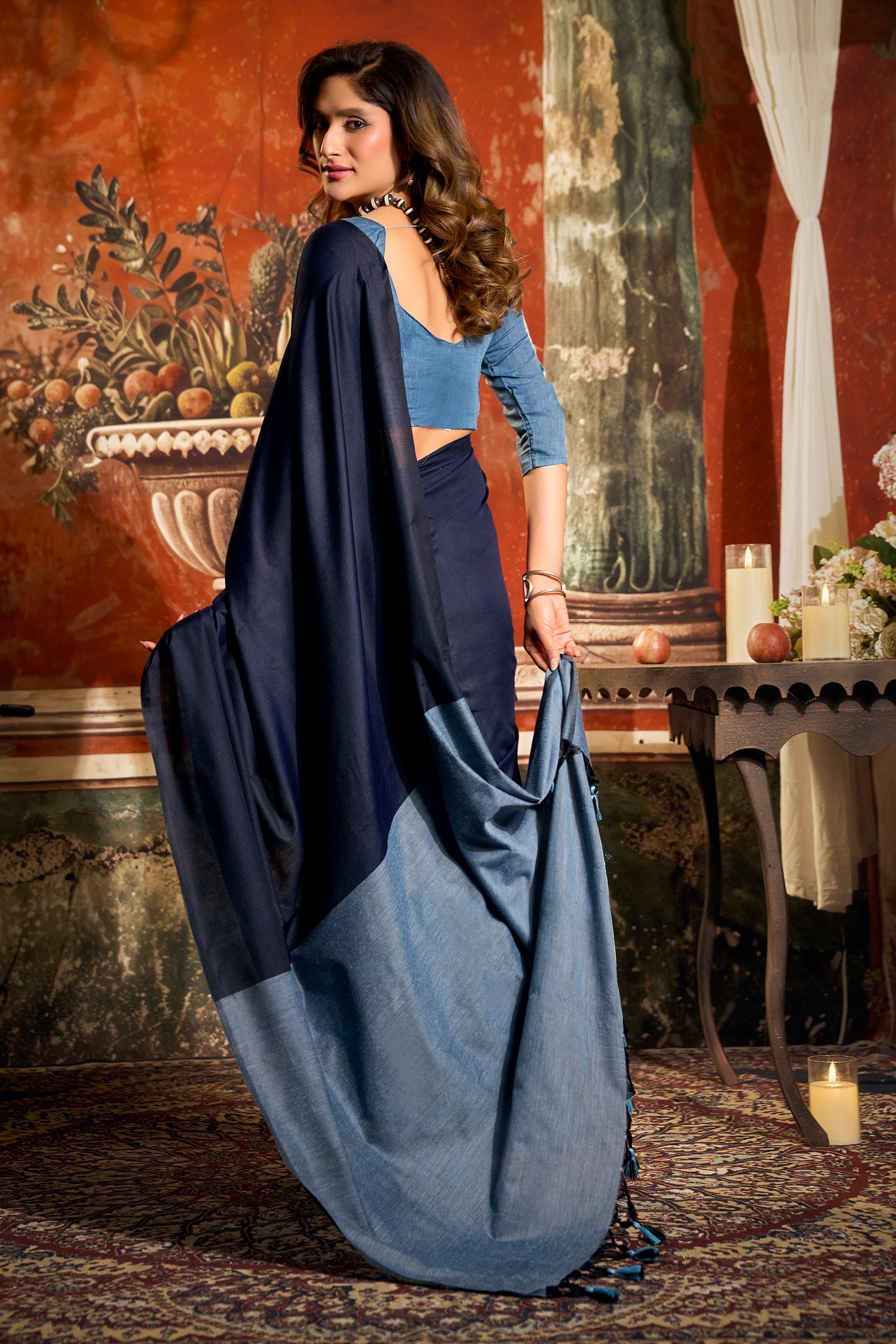 Blue Cotton Saree with Color Block Pallu-SAR12716_5_SareeButa.com