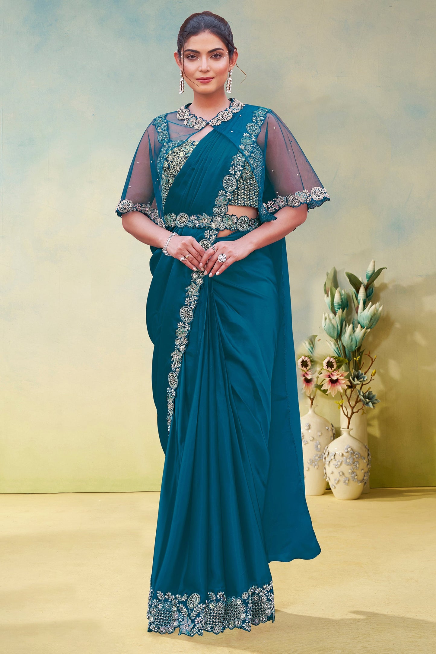 Blue Crepe Satin Silk Readymade Saree-SAR11153_1_SareeButa.com