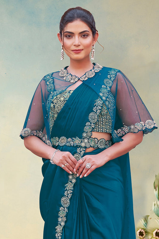 Blue Crepe Satin Silk Readymade Saree-SAR11153_2_SareeButa.com