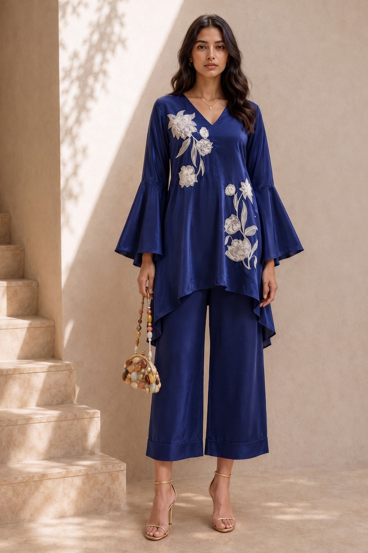 Blue Embroidered Crepe Co-Ord Set-SAR13124_1_SareeButa.com