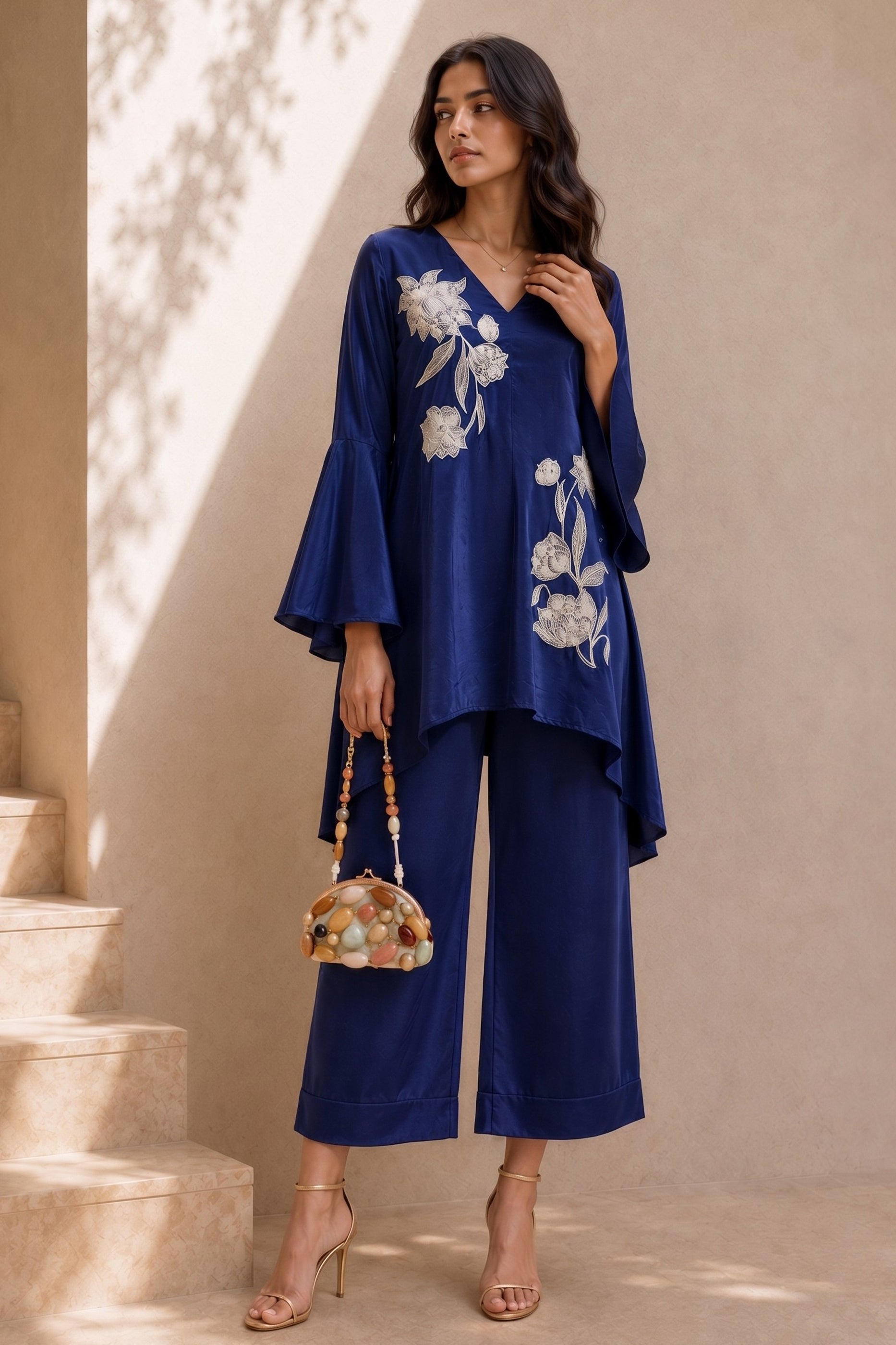 Blue Embroidered Crepe Co-Ord Set-SAR13124_3_SareeButa.com