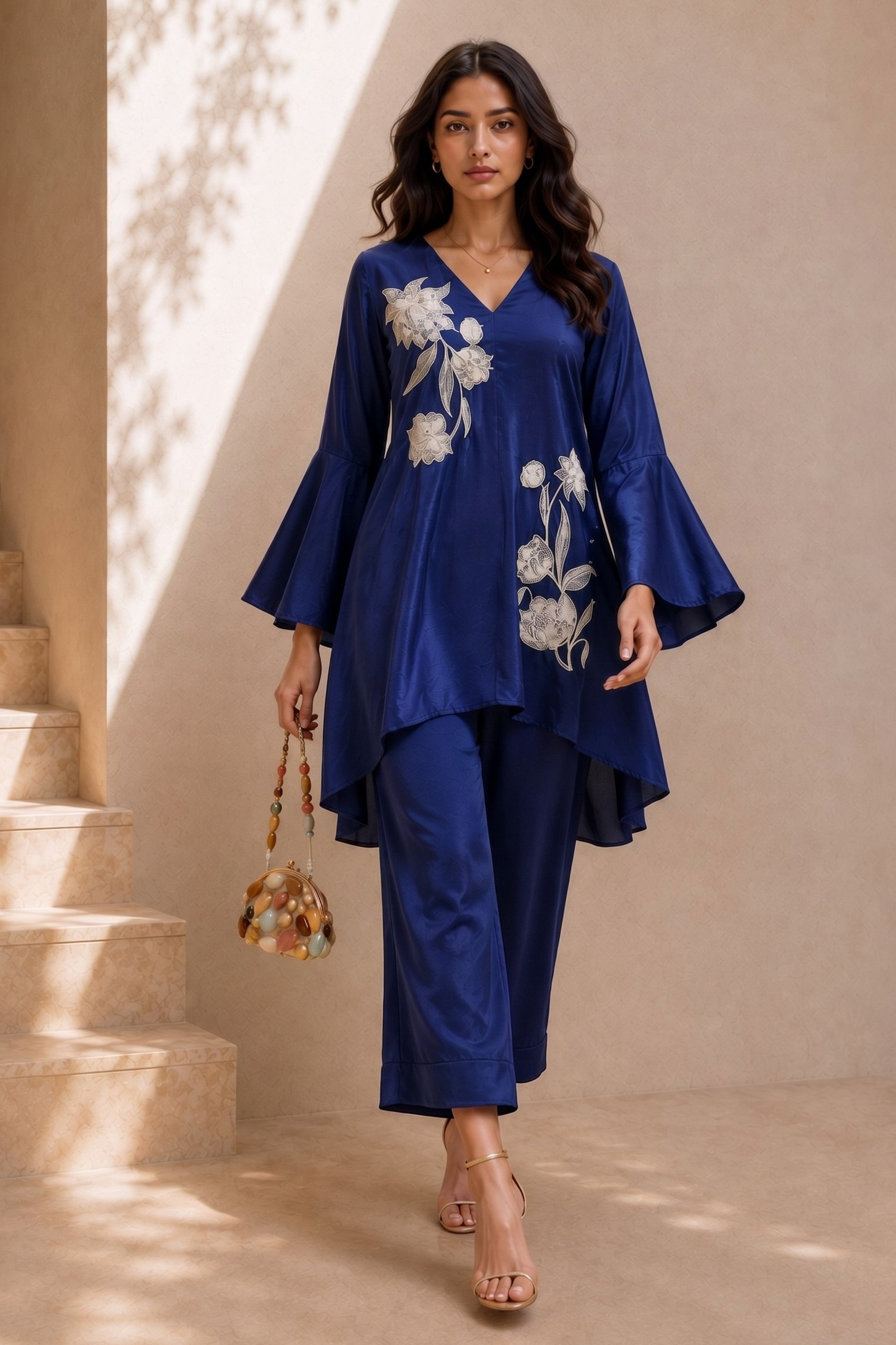 Blue Embroidered Crepe Co-Ord Set-SAR13124_4_SareeButa.com