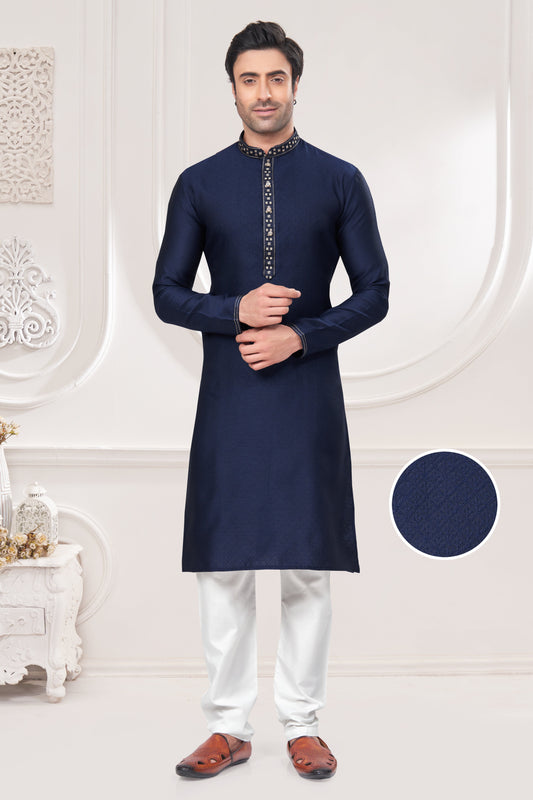 Blue Embroidered Jacquard Kurta Pajama-MW8_1_SareeButa.com