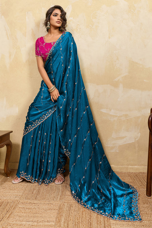 Blue Embroidered Metallic Satin Saree-SAR12532_1_SareeButa.com