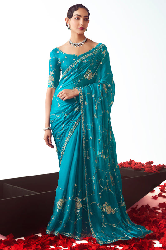 Blue Embroidered Organza Saree-ZB134776_1_SareeButa.com