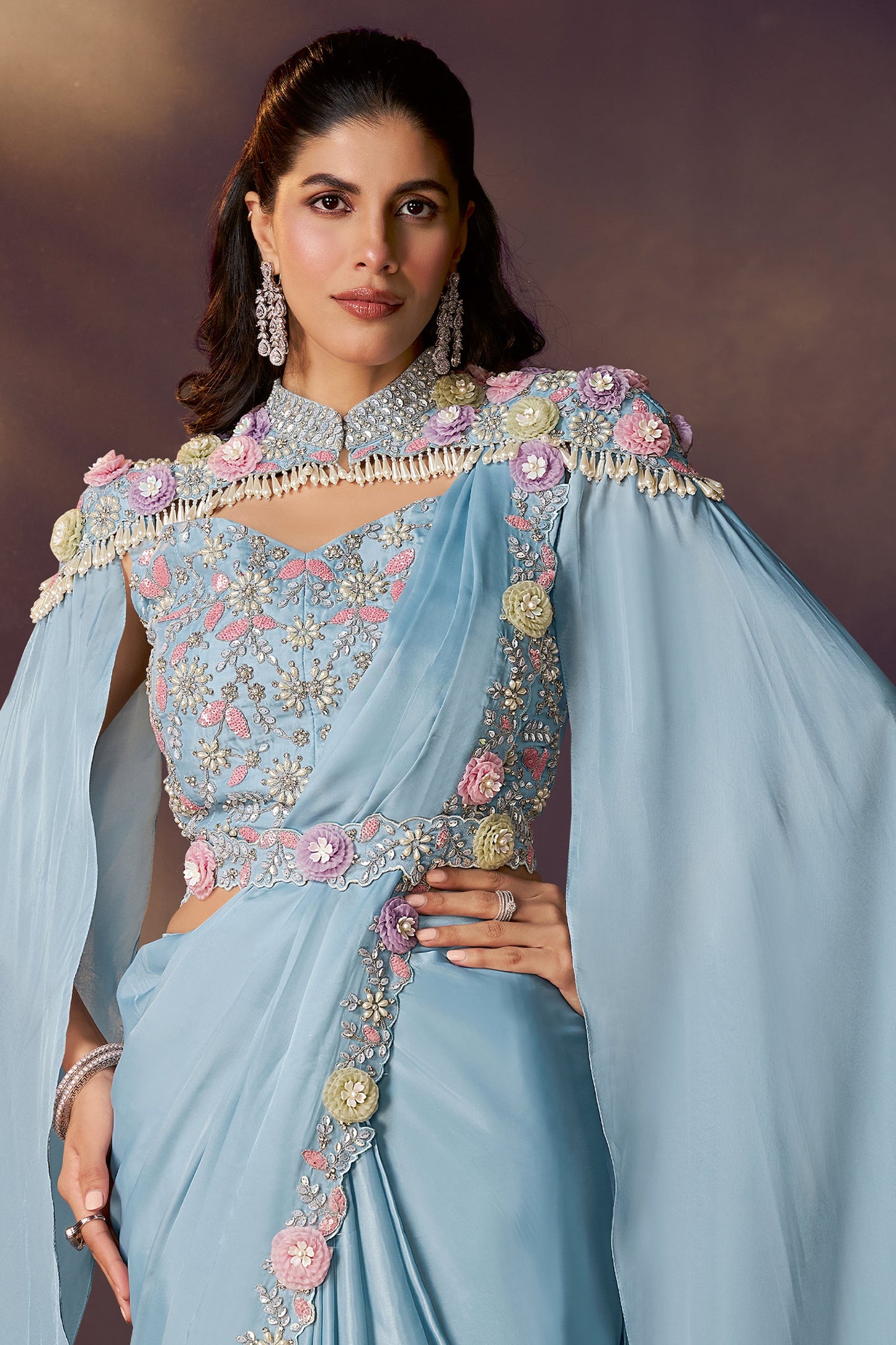 Blue Embroidered Satin Readymade Saree with Stitched Blouse-SAR10852_2_SareeButa.com