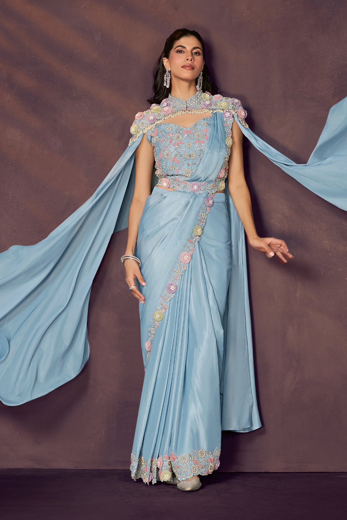 Blue Embroidered Satin Readymade Saree with Stitched Blouse-SAR10852_3_SareeButa.com