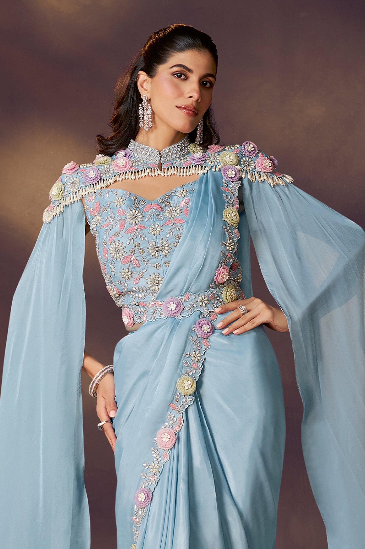 Blue Embroidered Satin Readymade Saree with Stitched Blouse-SAR10852_4_SareeButa.com