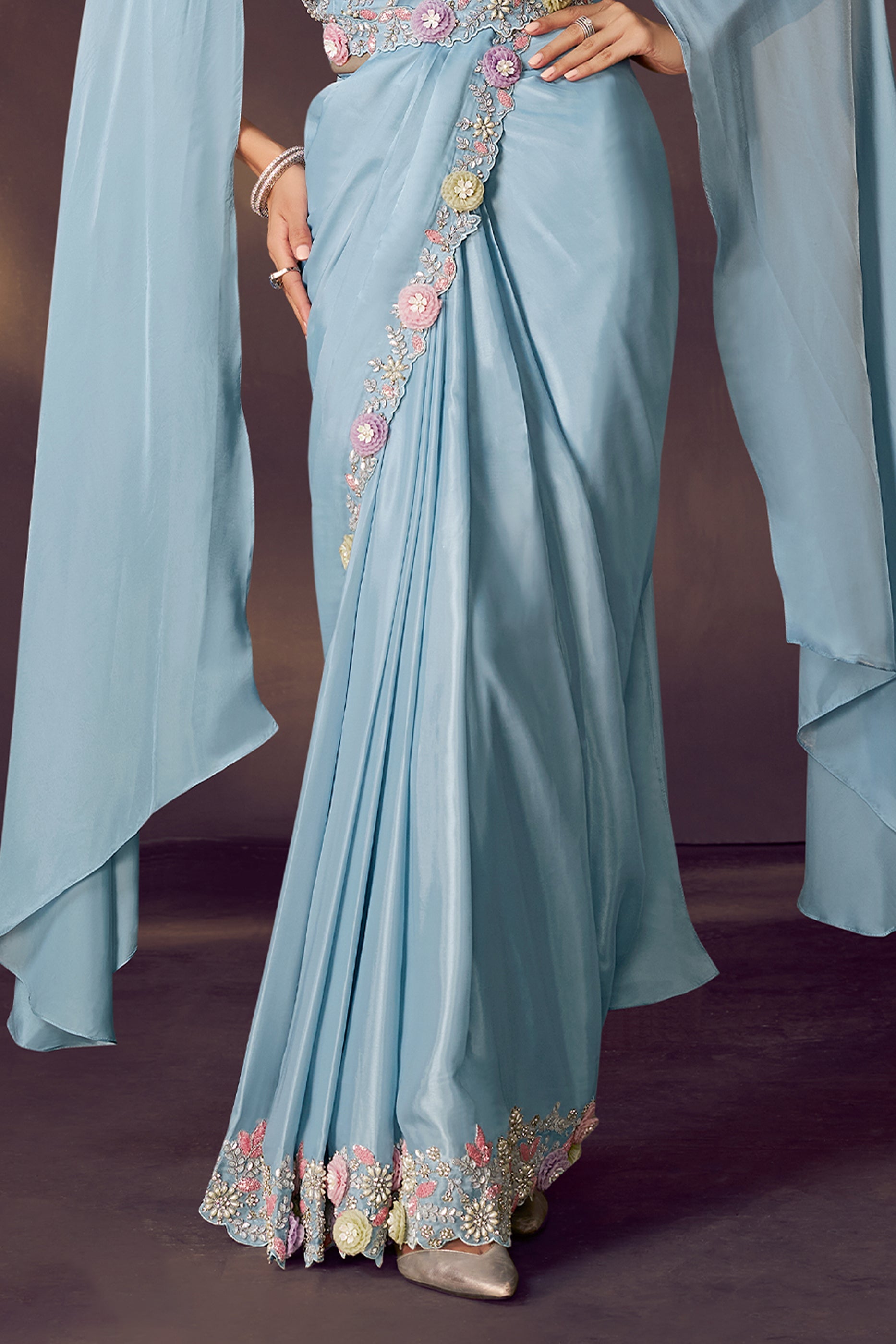 Blue Embroidered Satin Readymade Saree with Stitched Blouse-SAR10852_5_SareeButa.com