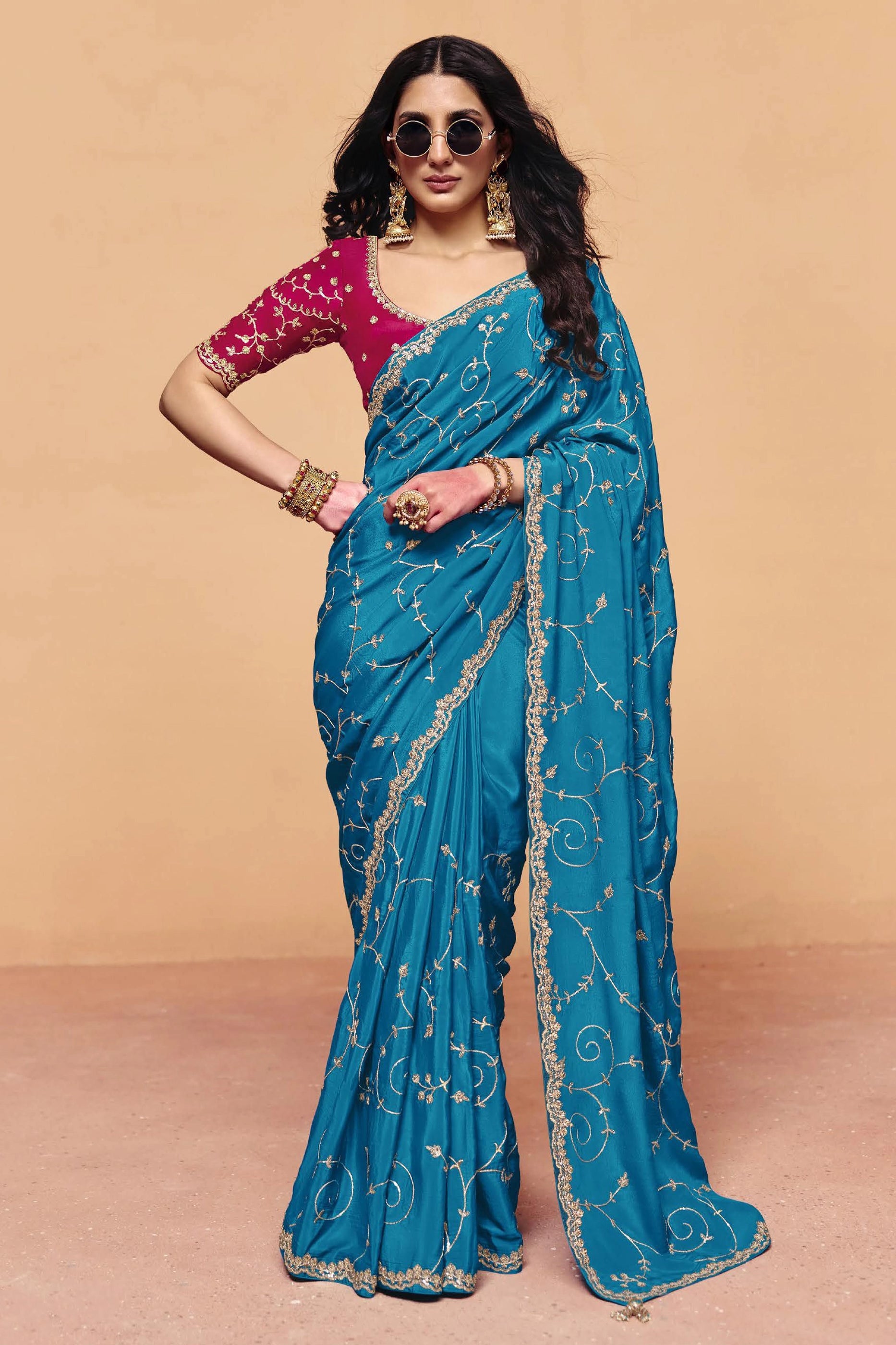 Blue Embroidered Satin Silk Saree-SAR12273_1_SareeButa.com