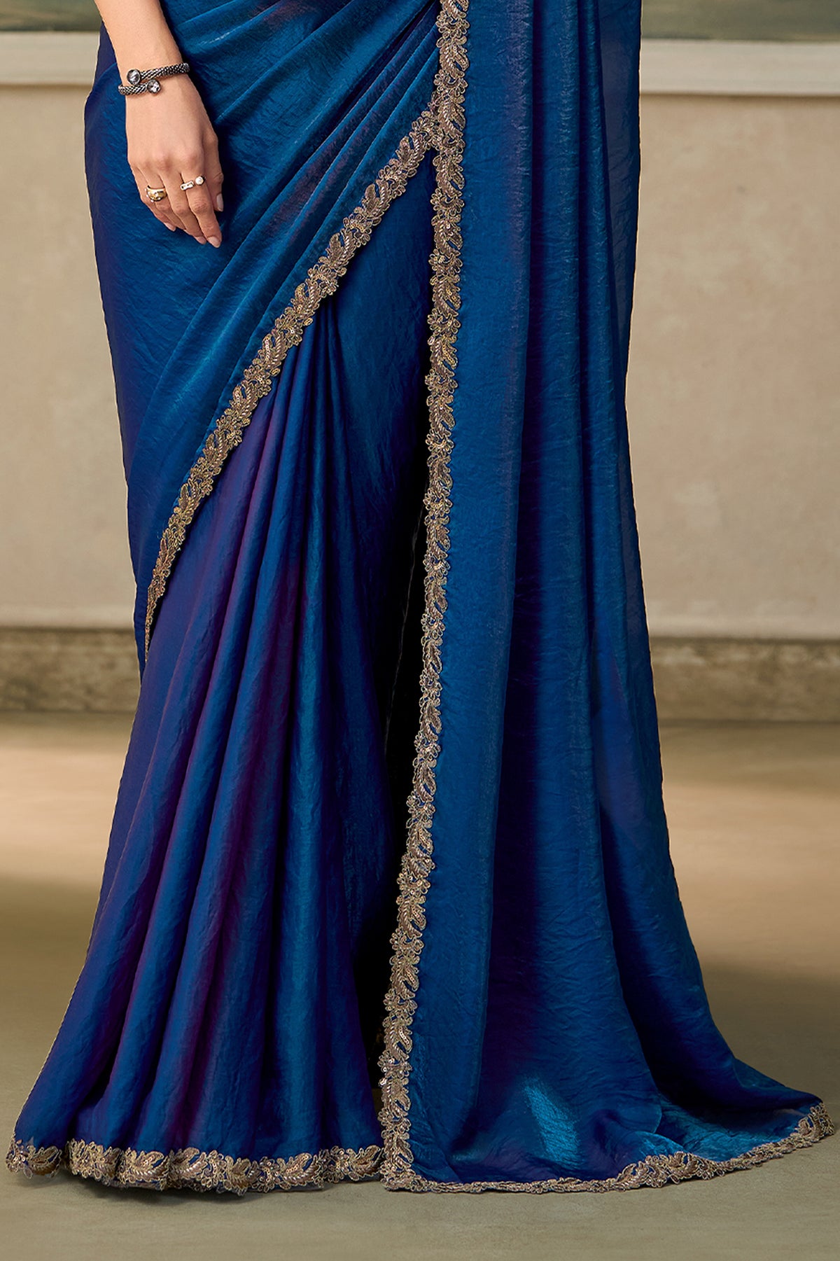 Blue Embroidered Satin Silk Saree