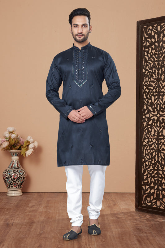 Blue Embroidered Silk Kurta Pajama-MW10_1_SareeButa.com