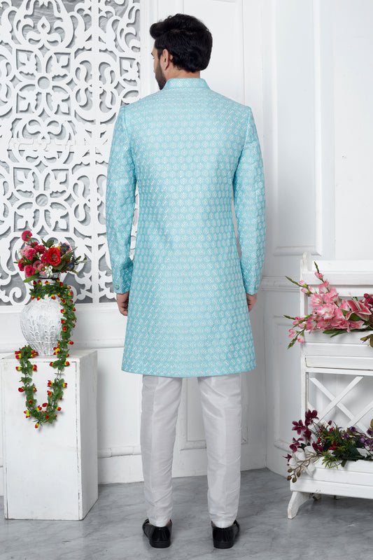 Blue Embroidered Silk Kurta Pajama-SAR11427_2_SareeButa.com