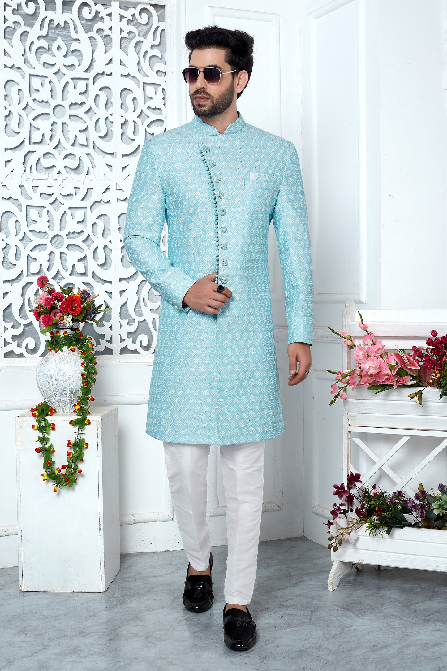 Blue Embroidered Silk Kurta Pajama-SAR11427_3_SareeButa.com