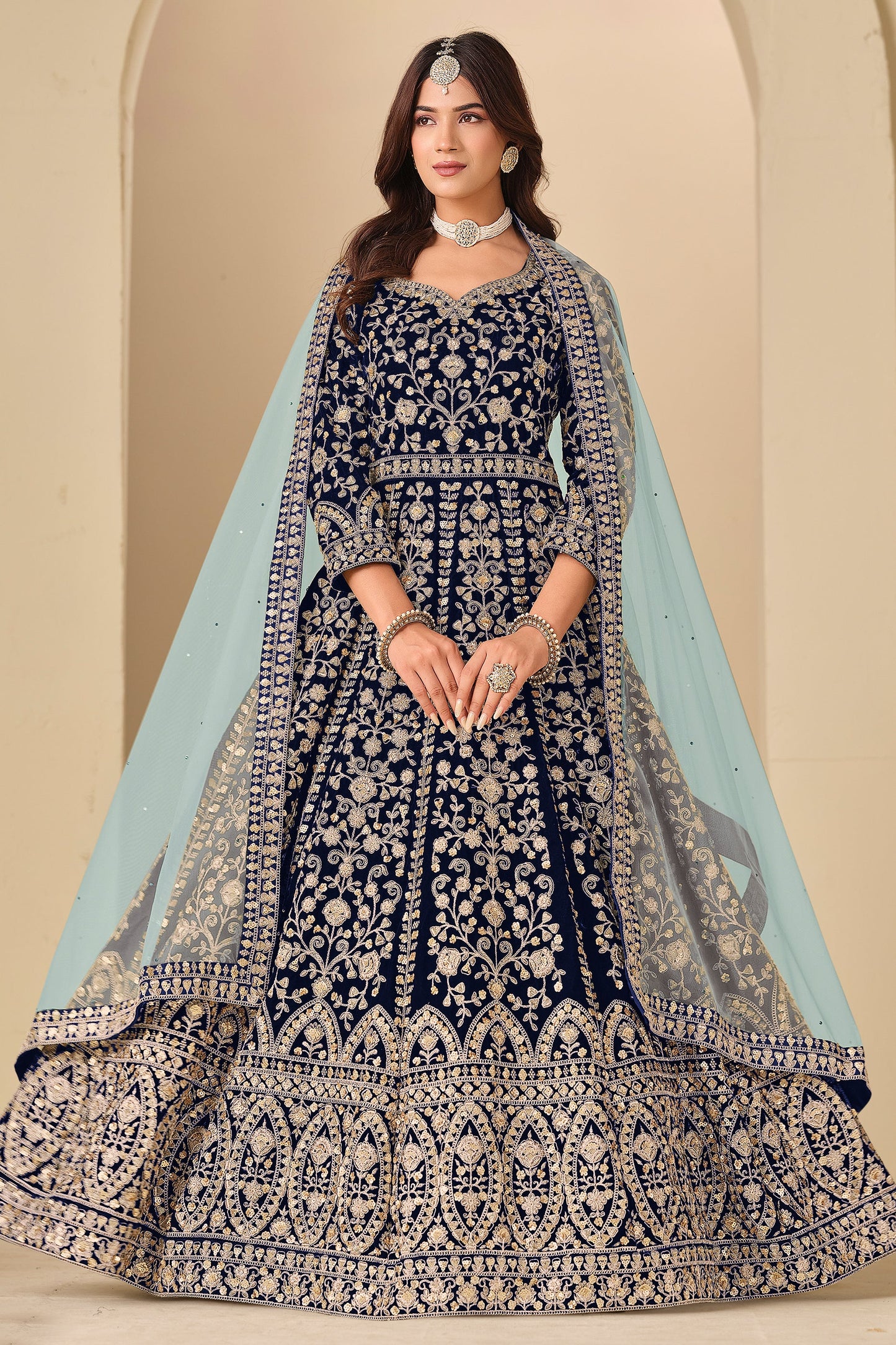 Blue Embroidered Velvet Gown With Dupatta-SAR11578_1_SareeButa.com