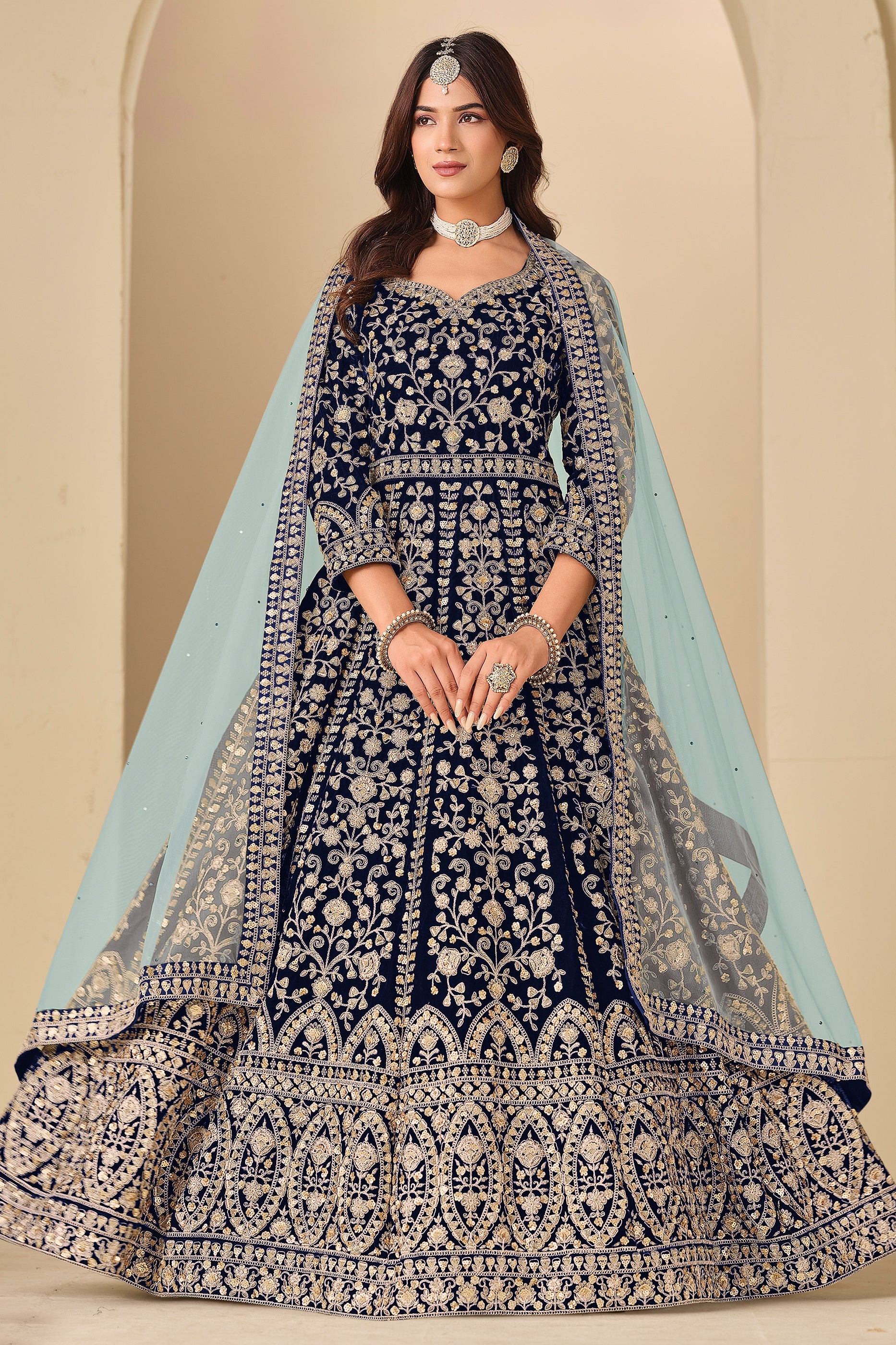 Blue Embroidered Velvet Gown With Dupatta-SAR11578_1_SareeButa.com